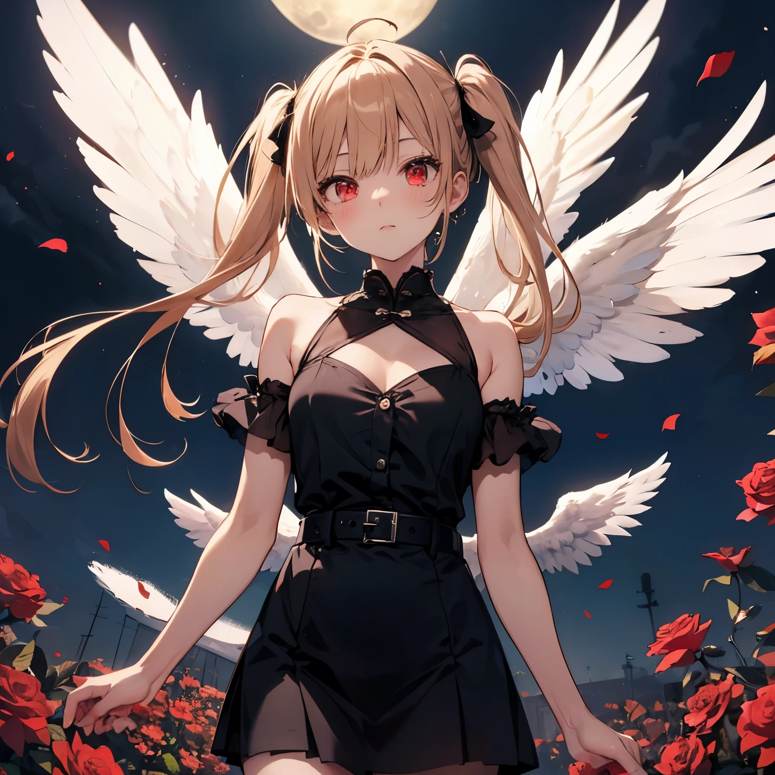 top-qualit、20yr old,(abstract art:1.4),(beautiful angel woman in the center:1.4),,A ray of light spreadany red roses are dancing in the sky:1.4),(A big full moon in the black sky:1.5)(God of short blonde twintails),(Hair parted in the middle),big angel wings and angel ring,(Red eyes:1.4),chinese,teatime,