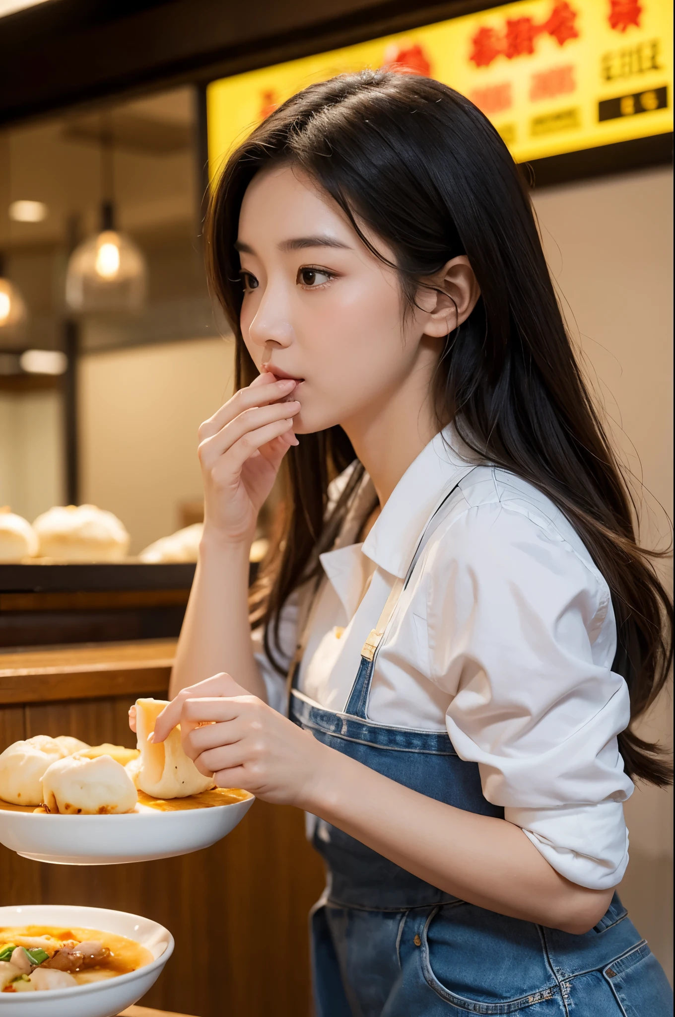 A beautiful woman is eating steamed buns with her  in a steamed bun restaurant