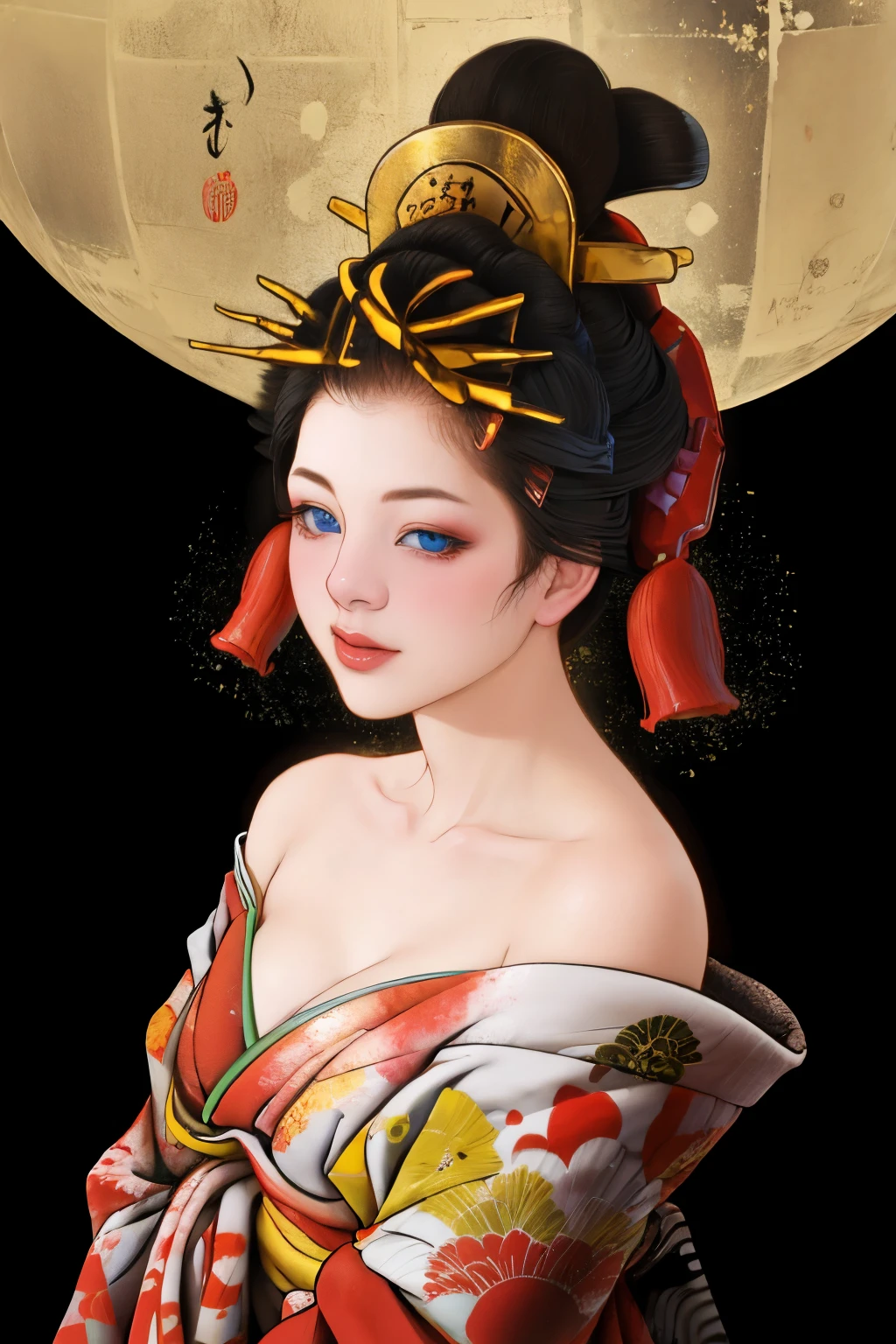 1 girl, alone, Oiran, maiko, looking at the viewer, short hair, ((beautiful blue eyes)), black hair, dull bangs, updo hair, bob cut, hairpin, many hairpins, hair ornaments, Upper body, kimono, kimono, compensate, ((bare shoulders)),