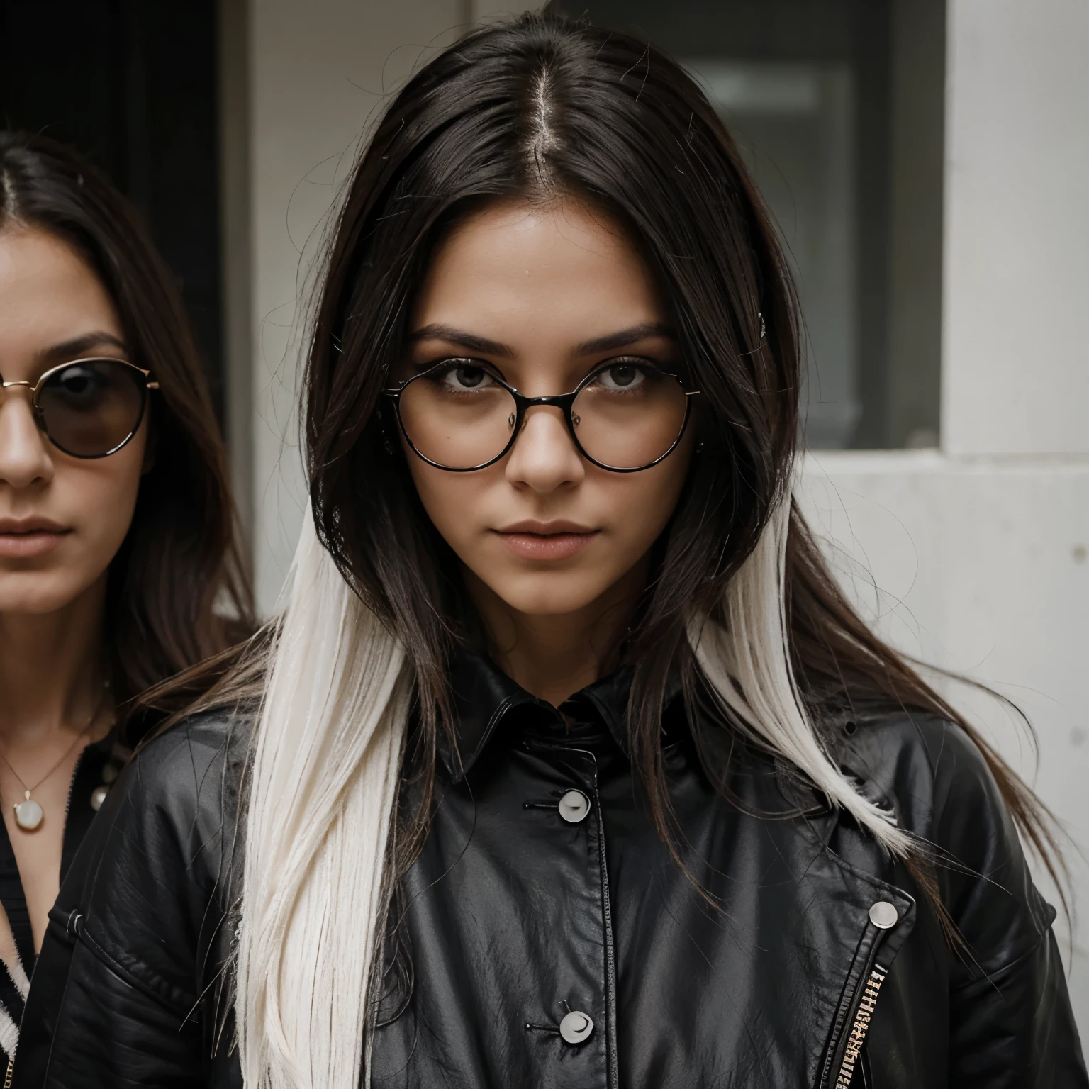 Mujer de piel blanca, cabello negro y largo, vestida de negro al estilo rock, lentes, con cara de enojada