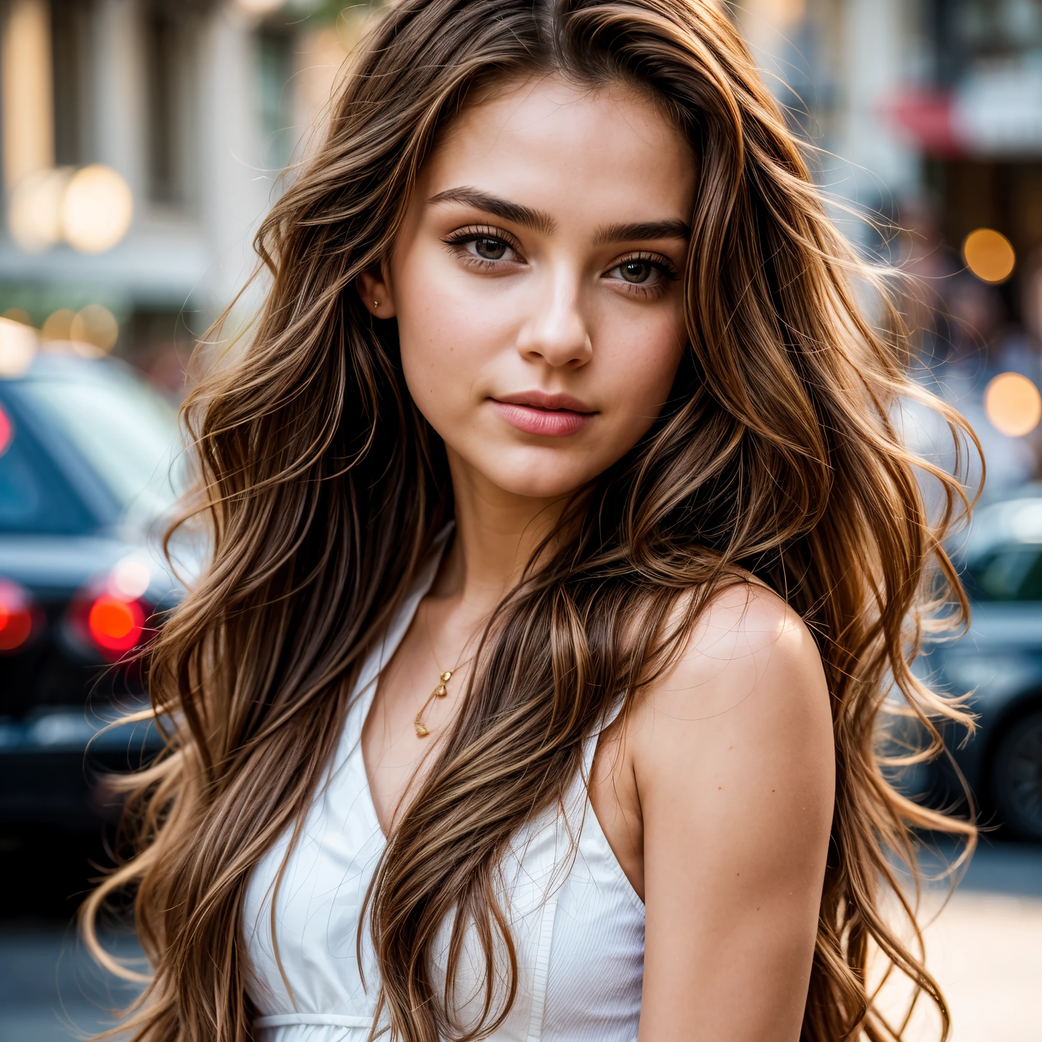 Portrait of an italian young woman in the heart of the bustling city during the golden hour using a DSLR with an 85mm prime lens, ultra hd details, photorealism, aiming for a dreamy and peaceful mood in a close-up shot with f/1.8 aperture, 1/320 sec shutter speed, and ISO 100 from a normal angle and eye line. Her long, wavy chestnut hair cascades down her back, framing her elegant features. Expressive brown eyes gazing directly at the viewer. Her rosy lips are parted slightly, revealing a hint of a playful smile. perfecteyes eyes.