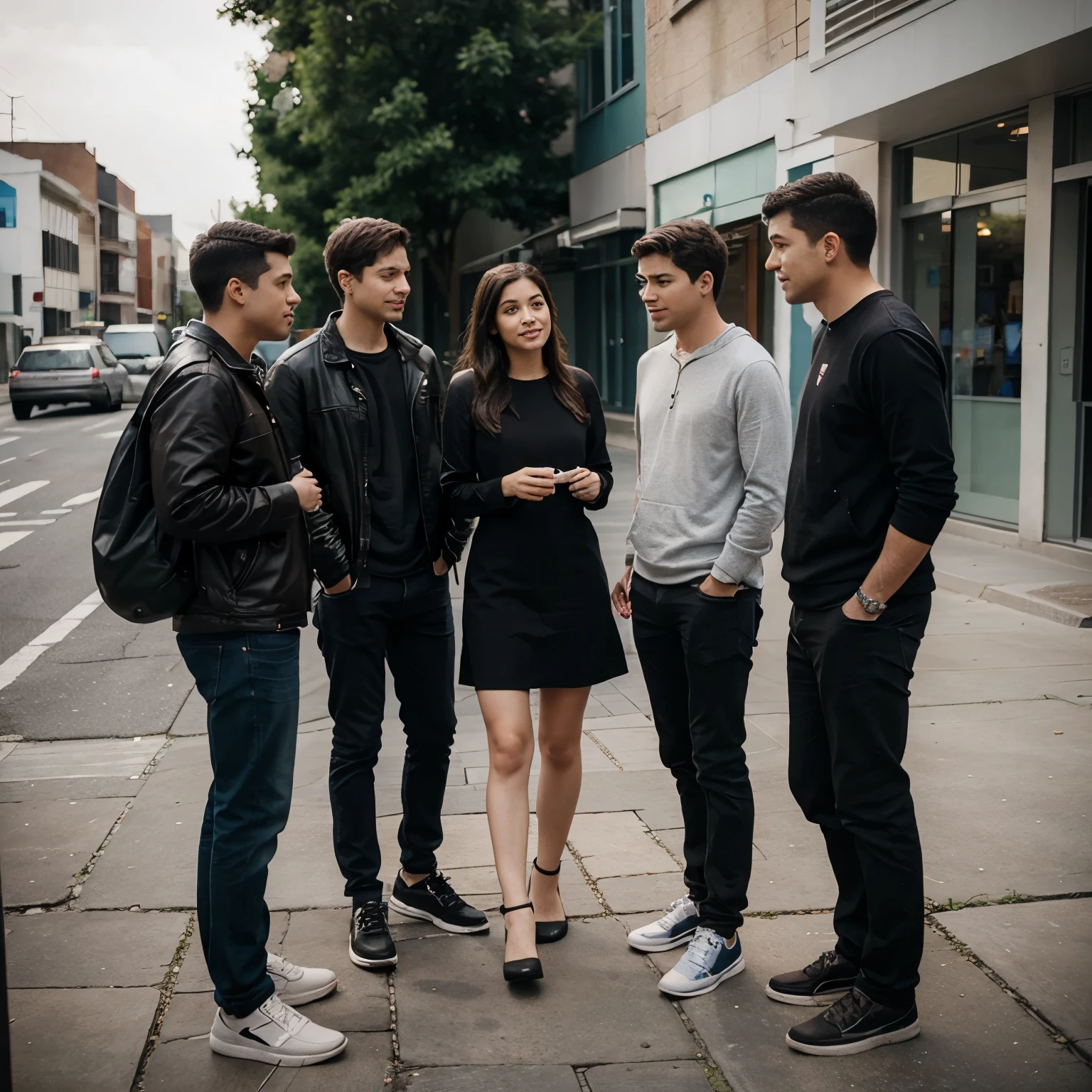 photo of 4 other people hanging out, consisting of 3 men and 1 woman. talking to each other