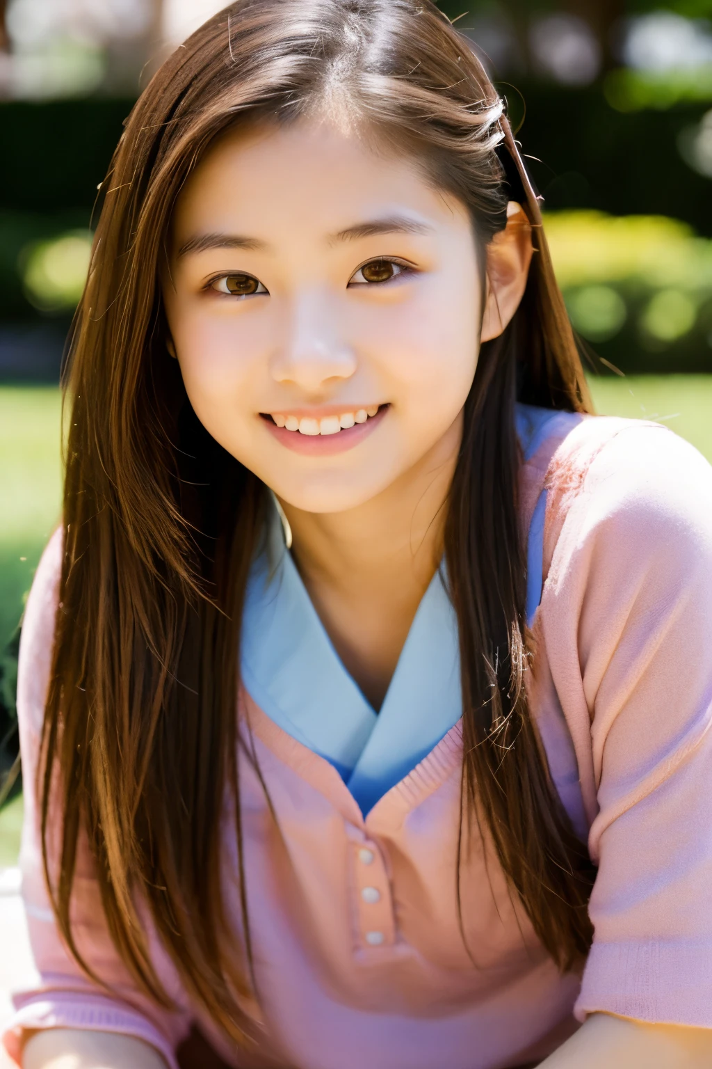 Lens 135mm f1.8, (highest quality),(RAW photo), (table top:1.1), (Beautiful 14 year old Japanese girl), cute face, (deeply carved face:0.7), (freckles:0.6), dappled sunlight, dramatic lighting, (On campus), shy, ponytail, (Close-up shots of:1.2), (smile),, (sparkling eyes)、(sunlight), sitting, spread legs, arm up