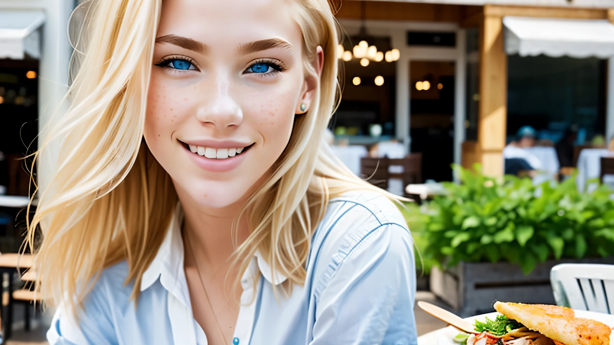 eating at a classy upscale restaurant, full body shot, ((best quality)), ((masterpiece)), (detailed), perfect face blond woman with freckled hair and blue eyes smiling, light freckles, more freckles