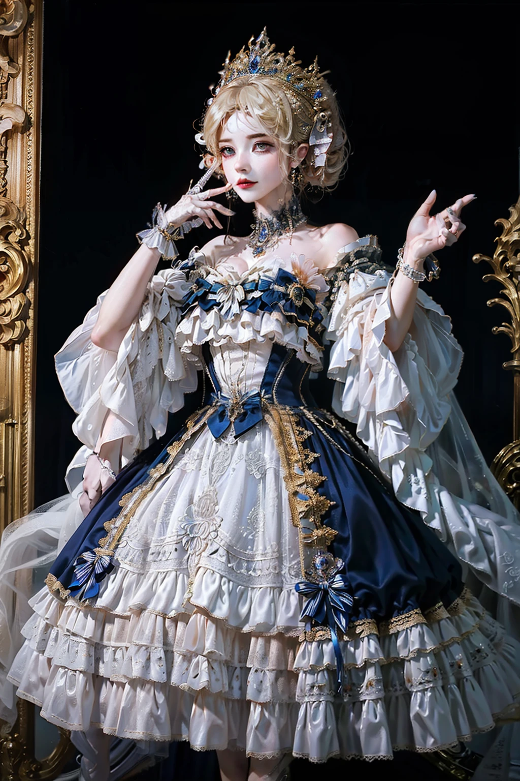 ((top-quality、​masterpiece、photographrealistic:1.4、in 8K))、Blonde Beauty、delicate and beautiful face、（Luxury dresses in the style of medieval Europe、Princess）、Luxury accessories、European-style castle、Cinematic lighting、Textured skin、Super Detail、high detailing、High quality、hight resolution