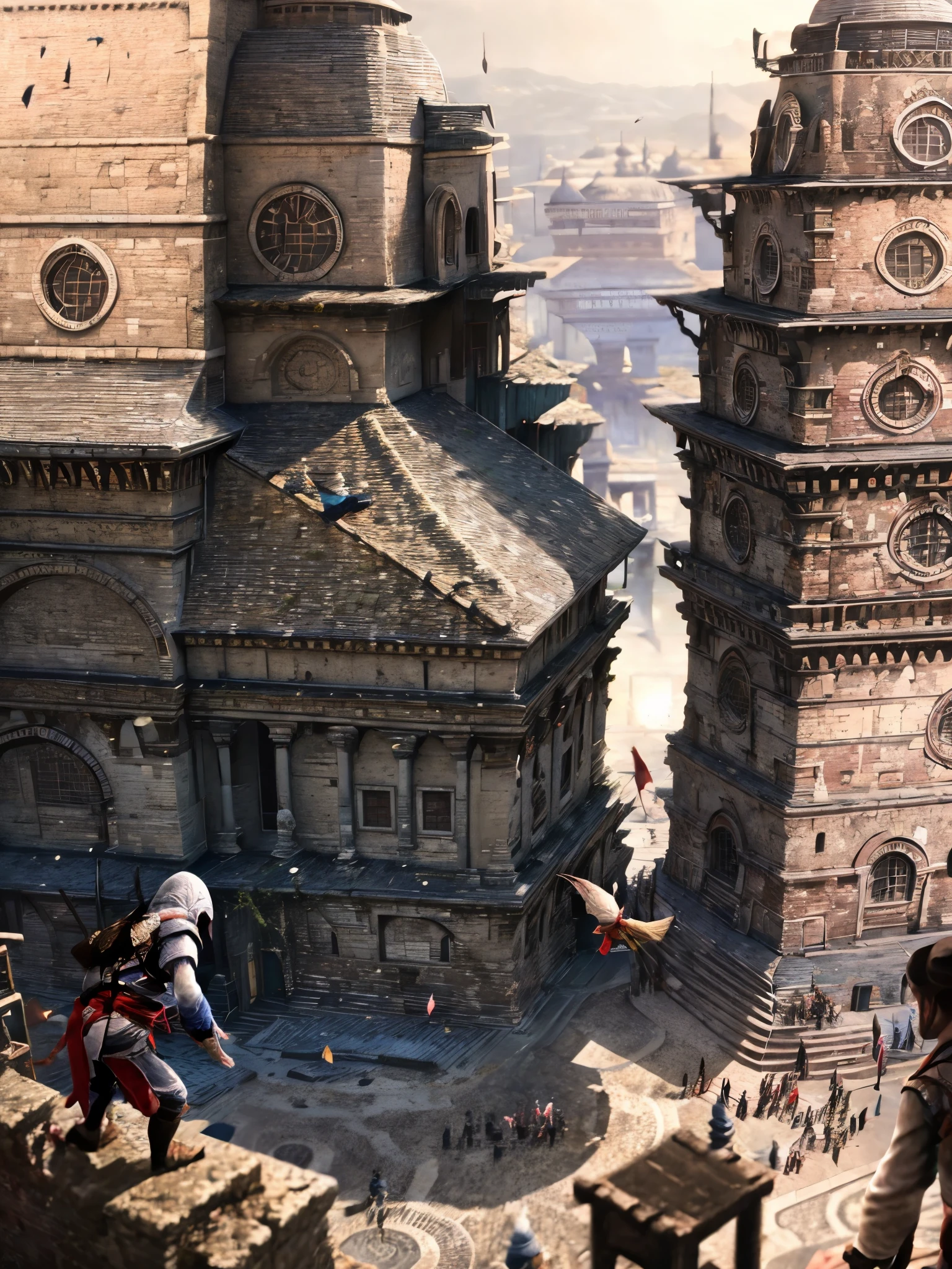 (Masterpiece),(Best quality:1.0), (ultra high resolution:1.0), detailed illustration, vibrant colors, 8K, assassin's creed, hooded assassin's creed clothing, ezio salvatore, jumps from a very tall building doing leap of faith, taking the leap of faith, Best quality, vibrant, 32k light and well-defined shadows