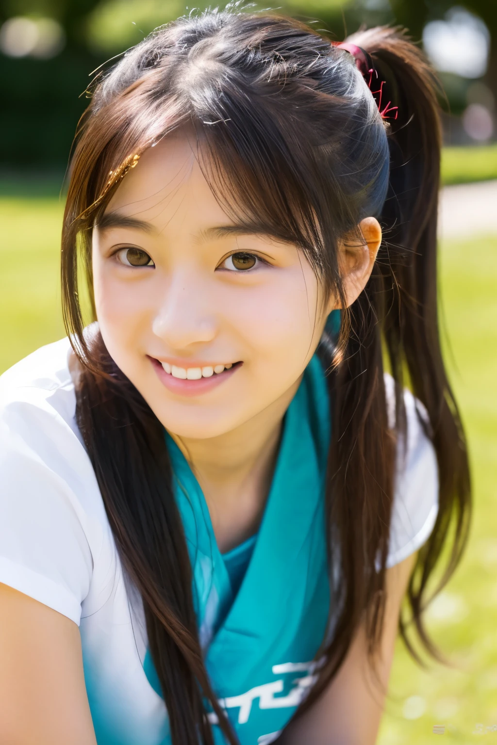 Lens 135mm f1.8, (highest quality),(RAW photo), (table top:1.1), (Beautiful 14 year old Japanese girl), cute face, (deeply carved face:0.7), (freckles:0.6), dappled sunlight, dramatic lighting, (On campus), shy, ponytail, (Close-up shots of:1.2), (smile),, (sparkling eyes)、(sunlight), sitting, spread legs, arm up