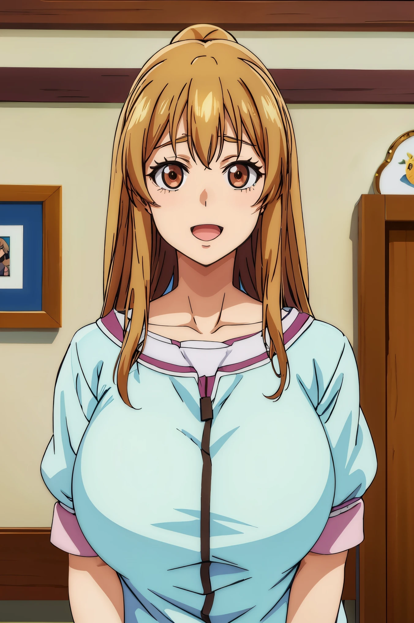 Huge tits, Busty, best quality, (masterpiece:1.2), highly detailed, 
1girl,  kotegawa nanaka, looking at viewer, slight smile, open mouth, brown eyes, long hair, indoor, room, bedroom, wardrobe, close up face