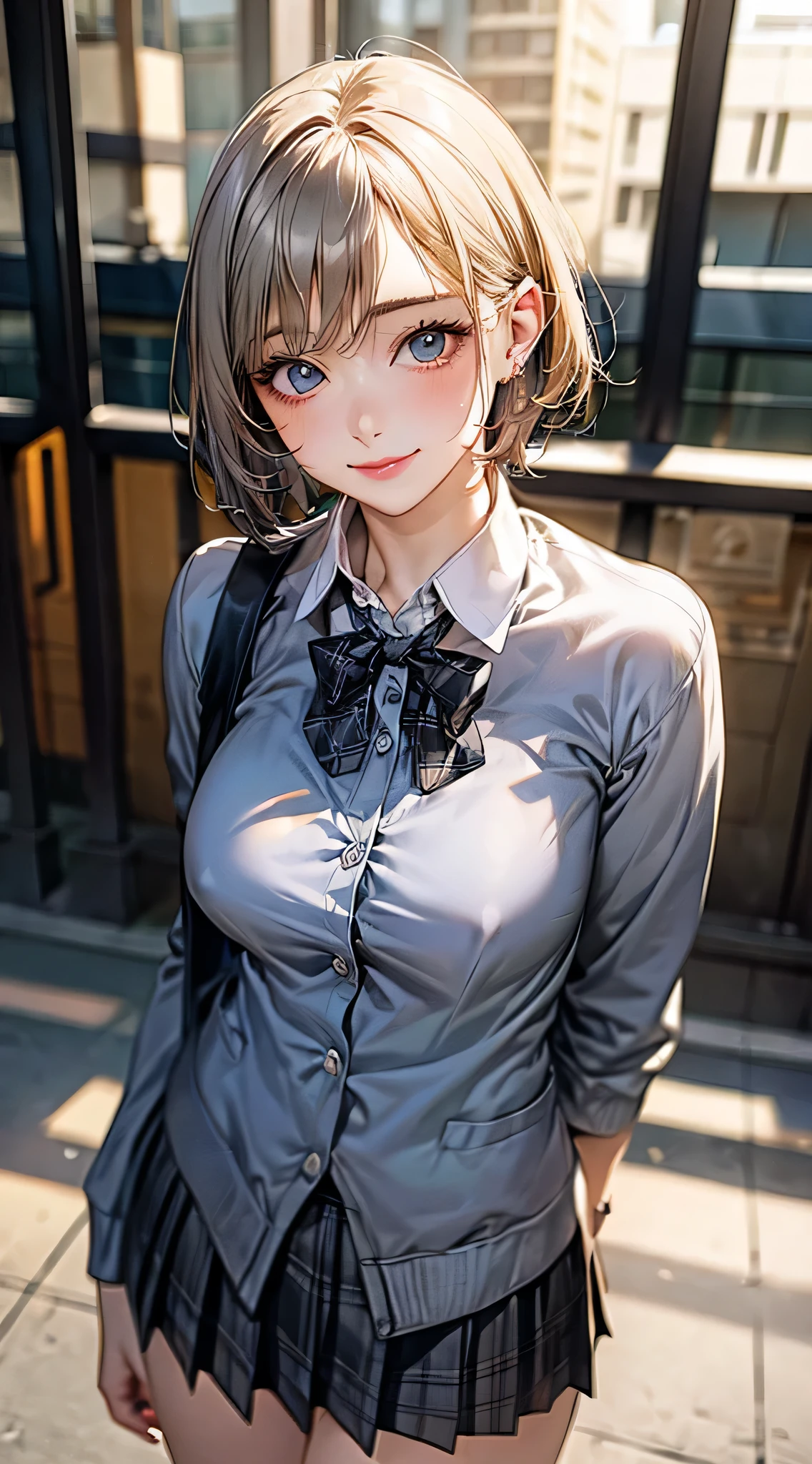 (masterpiece:1.2), (highest quality:1.2), (realistic pictures:1.4), beautiful illustrations,looking at the viewer, cowboy shot, 1 girl, high school girl, beautiful face, Cute symmetrical face, fine and beautiful eyes, beautiful hair, (short hair:1.5), blonde, blue eyes, long eyelashes,shiny skin, (big breasts:1.3), beautiful breasts, (beautiful thighs), beautiful body,beautiful feet, beautiful fingers, (((Dark grey jacket), smoke gray collared shirt, Dark grey pleated mini skirt, black socks, gray plaid bow tie)), (beautiful scenery), evening, Are standing, wave hands, (half closed eyes, cute smile, upper grade), (natural side lighting, movie lighting),