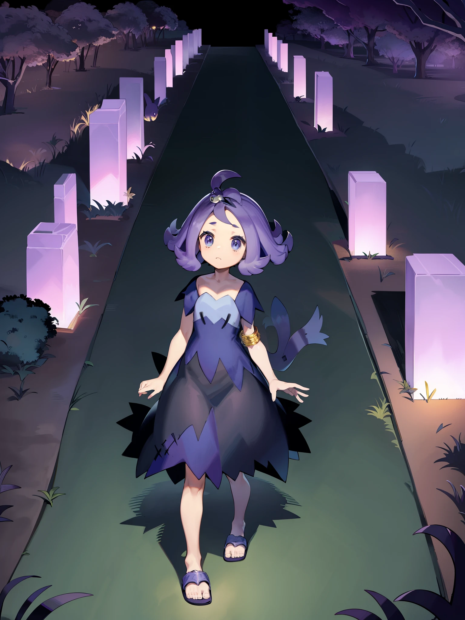 Pokémon、cemetery、ruins、ghost town、acerola、ghost type captain、hair clip、short purple hair、Ahoge、The clothing is designed to look like a patchwork of black and purple cloth.、short sleeve、Golden Bangles、sandals、Descendant of the ancient Alola dynasty、Cat mouth、Happy、cat mouse、BREAK outdoors、cemetery、at night、dark、fog、