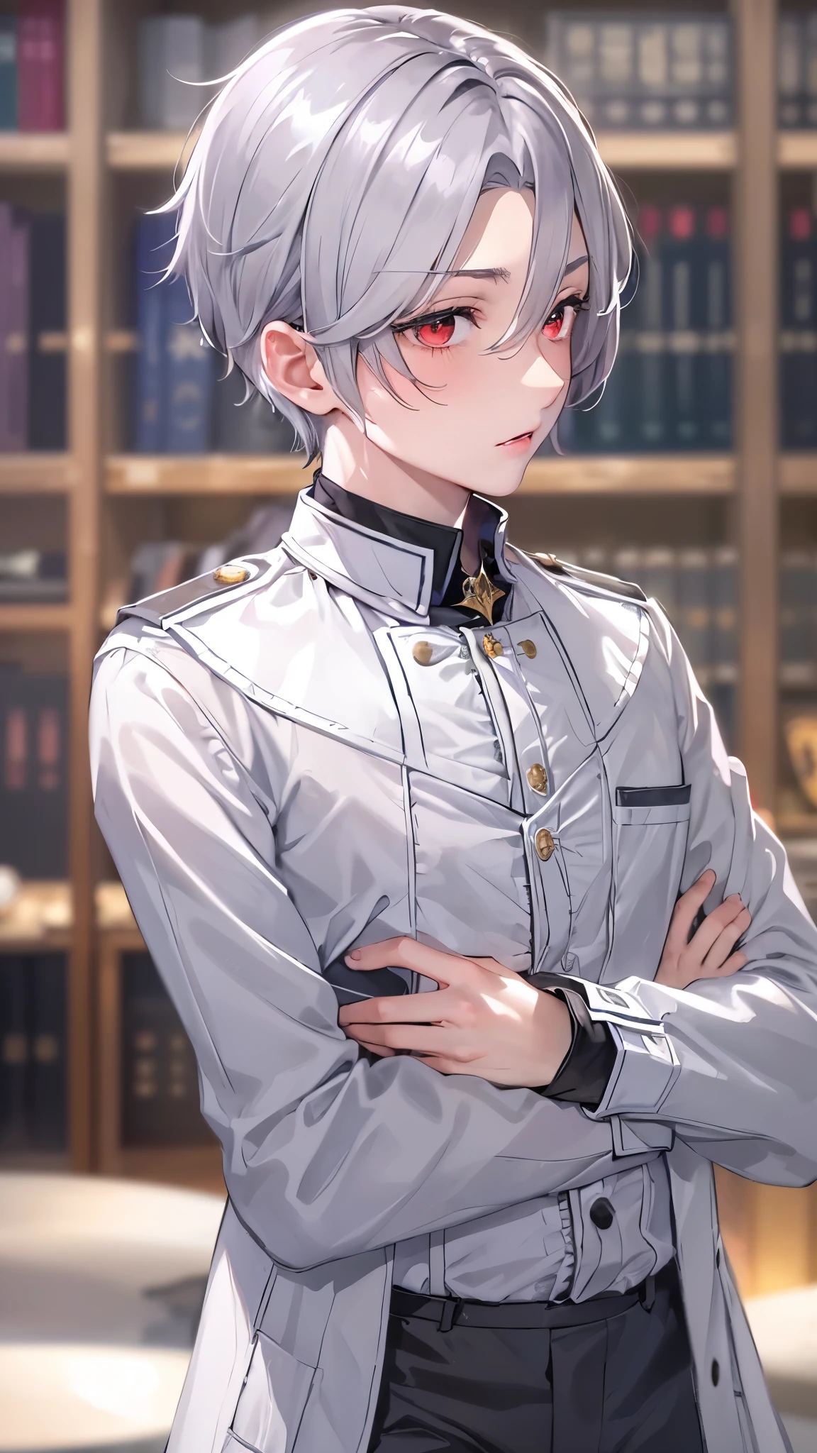 (in the magic laboratory), (solo:1.3 silver short hair divine boy, 15 yo, detailed red eyes), ask a question, in a butler uniform, break, perfect anatomy, masterpiece:1.2, best quality, 8k, beautiful detailed grow, daydreaming expression.