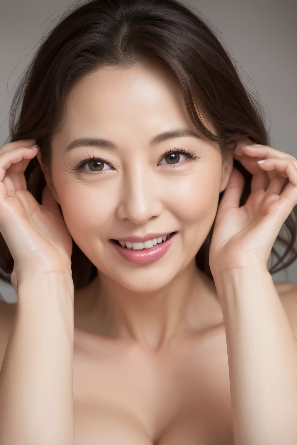8k wallpaper, masterpiece, highest quality, Super detailed, 1 female, 55〜65 years old, mature woman, beautiful mature woman, With nasolabial folds, highly exposed, Nudity shows through, Chest and crotch show through, exposed pubic hair, naked, skin dents, enchanting smile, thick lips, chubby lips, blush, looking at the viewer, different chest sizes, cleavage, Plump、curvy hips、attractive face、naughty face、open your mouth and stick out your tongue、A face about to kiss、i was happy、Put your hands behind your back to hide them、elderly woman、