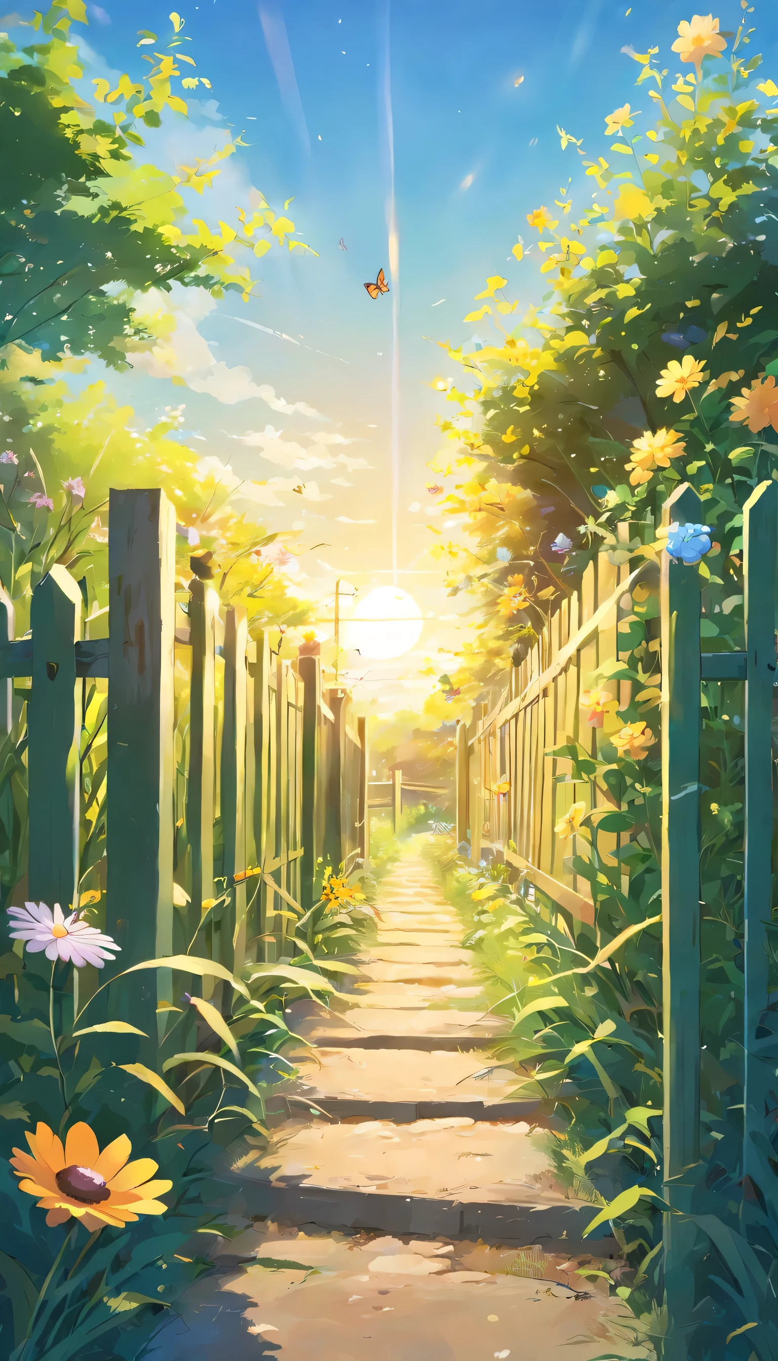 yard fence,(Front view),tussock,Flower butterflies,and the sun was shining brightly,