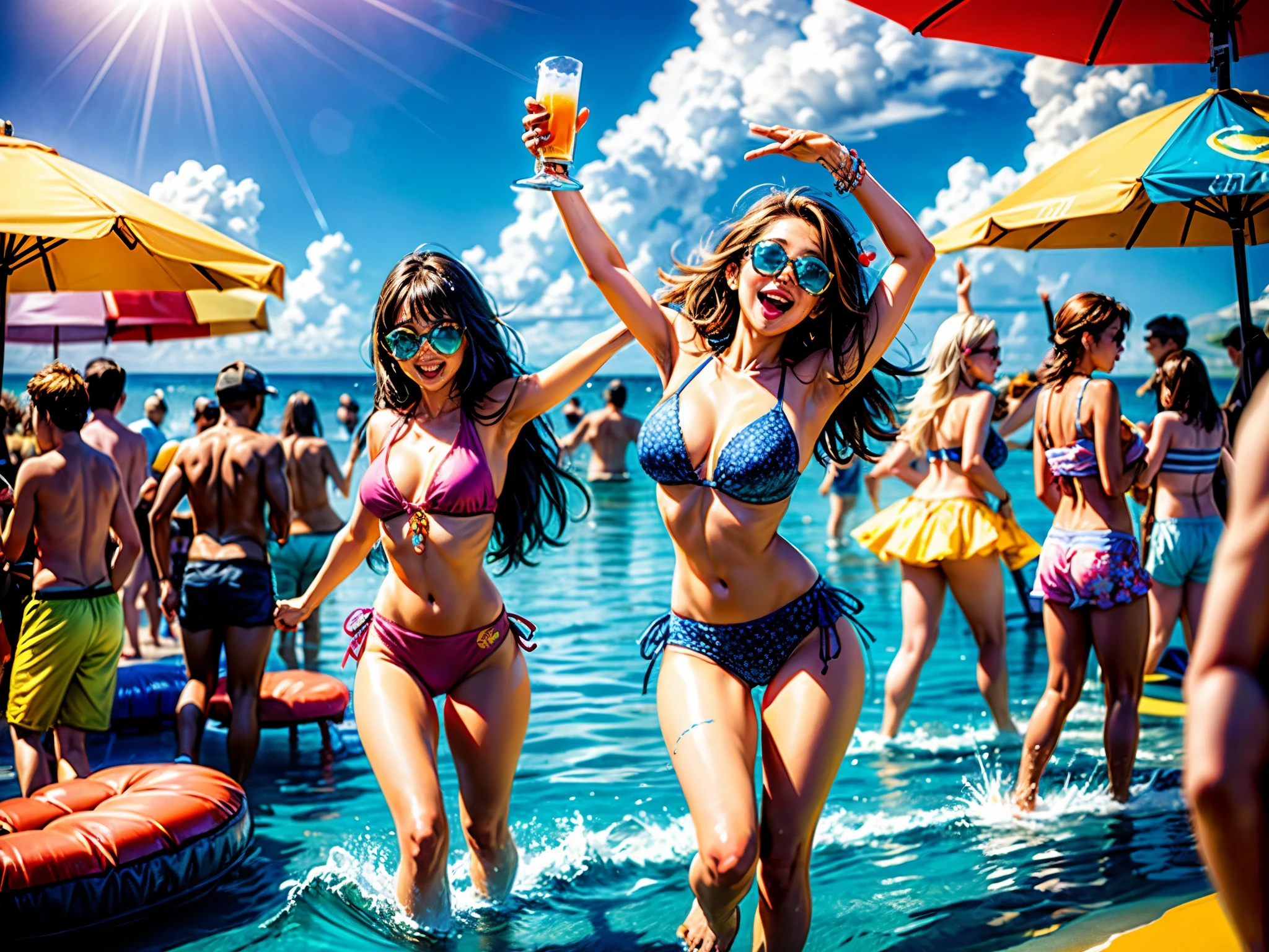 beach party, beer, dance(celebration:1.1),(blissful,fun-filled),(energetic,playful) vibes, vibrant colors,(sandy, sun-soaked) atmosphere, (ocean breeze:gently), (sparkling,crystal-clear) water, (beachball:1.1),(beach umbrellas), (group of friends),(dancing),(cheers:1.1) and (laughter:1.1), (refreshing drinks), (summertime joy), (festive mood), (dynamic movements), (sun-kissed skin), (splashing waves), (bright summer outfits), (joyful crowd),(live music), (party lights), (starry sky), (carefree moments)