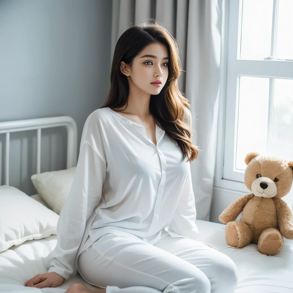 20 year old girl, beautiful girl,very big breast, girl sitting on a bed,teddy bear, teddy bear on bed,teddy bear in bedroom, white shirt pant night dress, windows side bed,winter morning, morning time, sitting on a bed, girl lying in bed, yawning,yawn ,happy expression, sitting in bedroom, hyper realistic, hyper perfect expression, 8k, 16k, hyper perfect photo