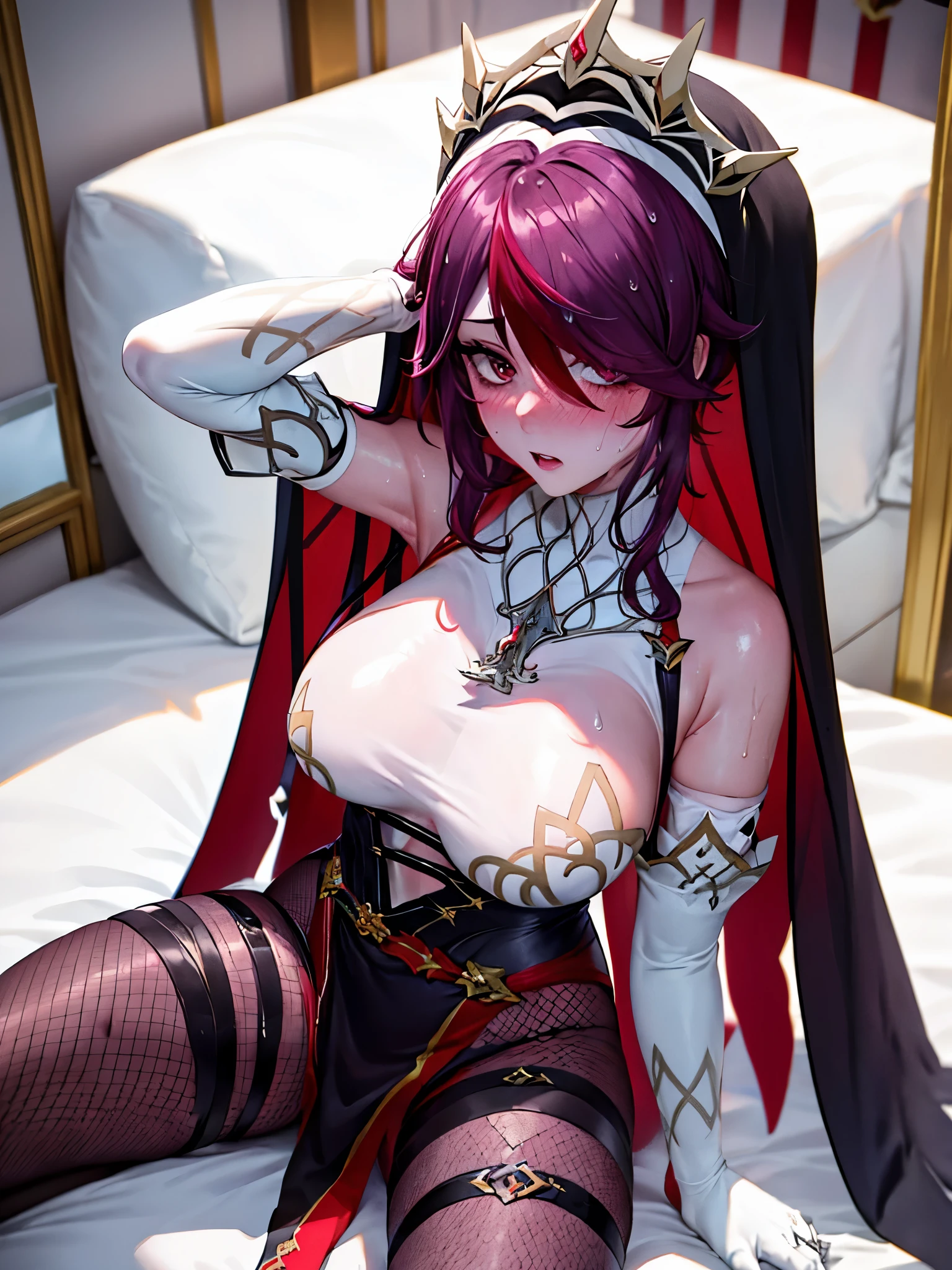UHD,textured skin, high details, anatomically correct,SOLO,(1 Female,purple short hair,perfect body),(Wearing A see-though Nun's robe:1.4),(Wearing black long silk stocking:1.7),(Spreading legs:1.7),(Lying on the Lux bed:1.7),(The royal classic room:1.7),(hands behind her head:1.7),(sweating skin:1.7),(full blush:1.4)