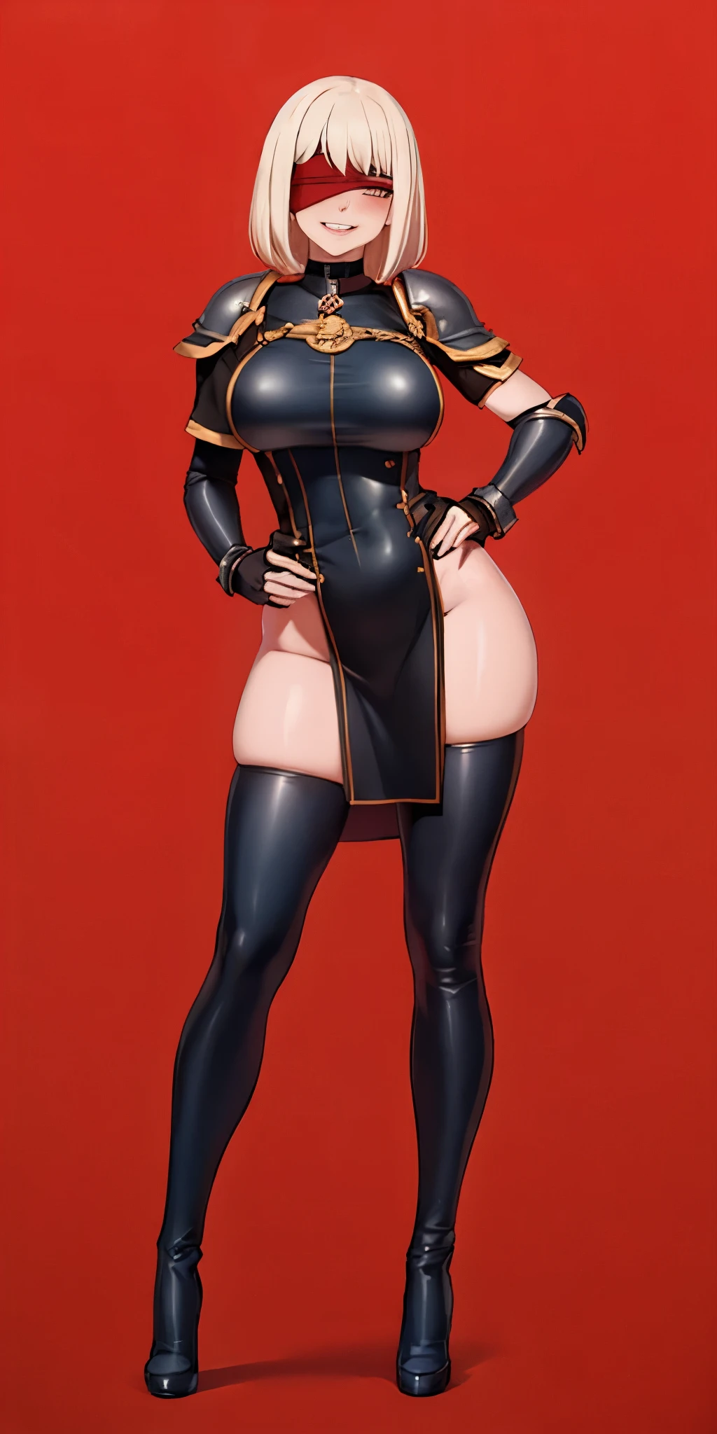 ((RED BACKGROUND)) Female full body standing straight symmetrical, looking at viewer, golden (skin, breastplate, choker, bracers, handcuffs, shackles, high heels), lustful smirking smile face red blushed red cheeks, hands (clenching) on hips, shoulder armor, faulds, poleyn, gloves, gauntlets, blindfolded golden cloth, lustful smirking smile face red blushed, red cheeks