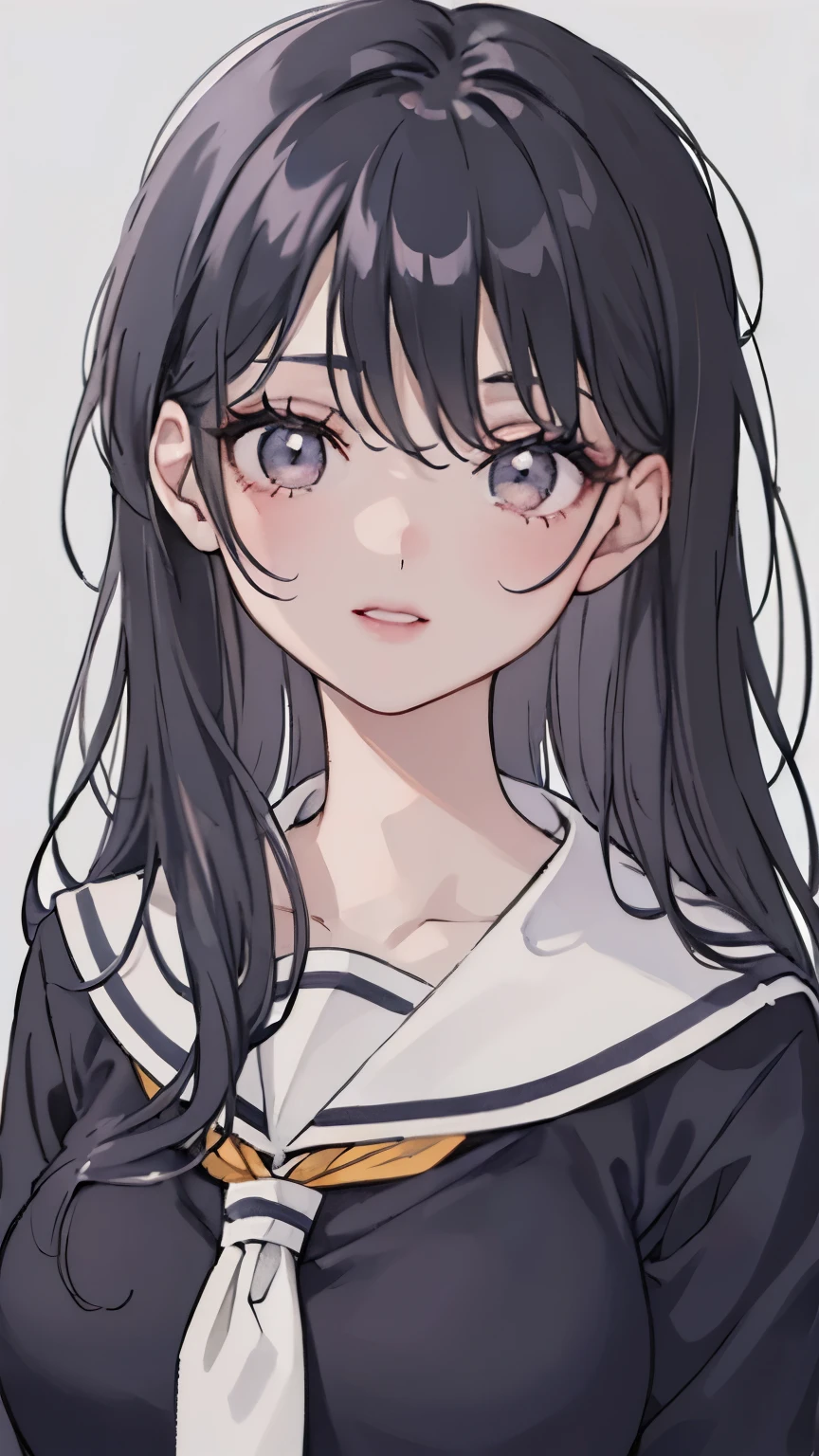 highest resolution, Detail view, 1 girl, high school girl、beautiful face, cute, white background, (watercolor: 1.2), 2D, Upper body, amount,up hair, black hair, straight hair,eye shadow, brown eyes, impressive eyes, Look at this,a shining smile、school uniform、navy sailor suit、wave your hand next to your face