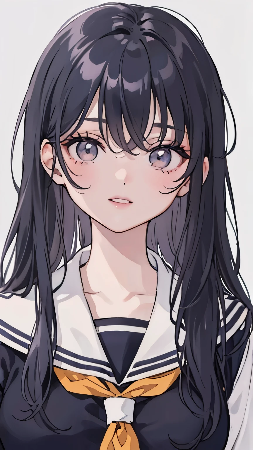 highest resolution, Detail view, 1 girl, high school girl、beautiful face, cute, white background, (watercolor: 1.2), 2D, Upper body, amount,up hair, black hair, straight hair,eye shadow, brown eyes, impressive eyes, Look at this,a shining smile、school uniform、navy sailor suit、wave your hand next to your face