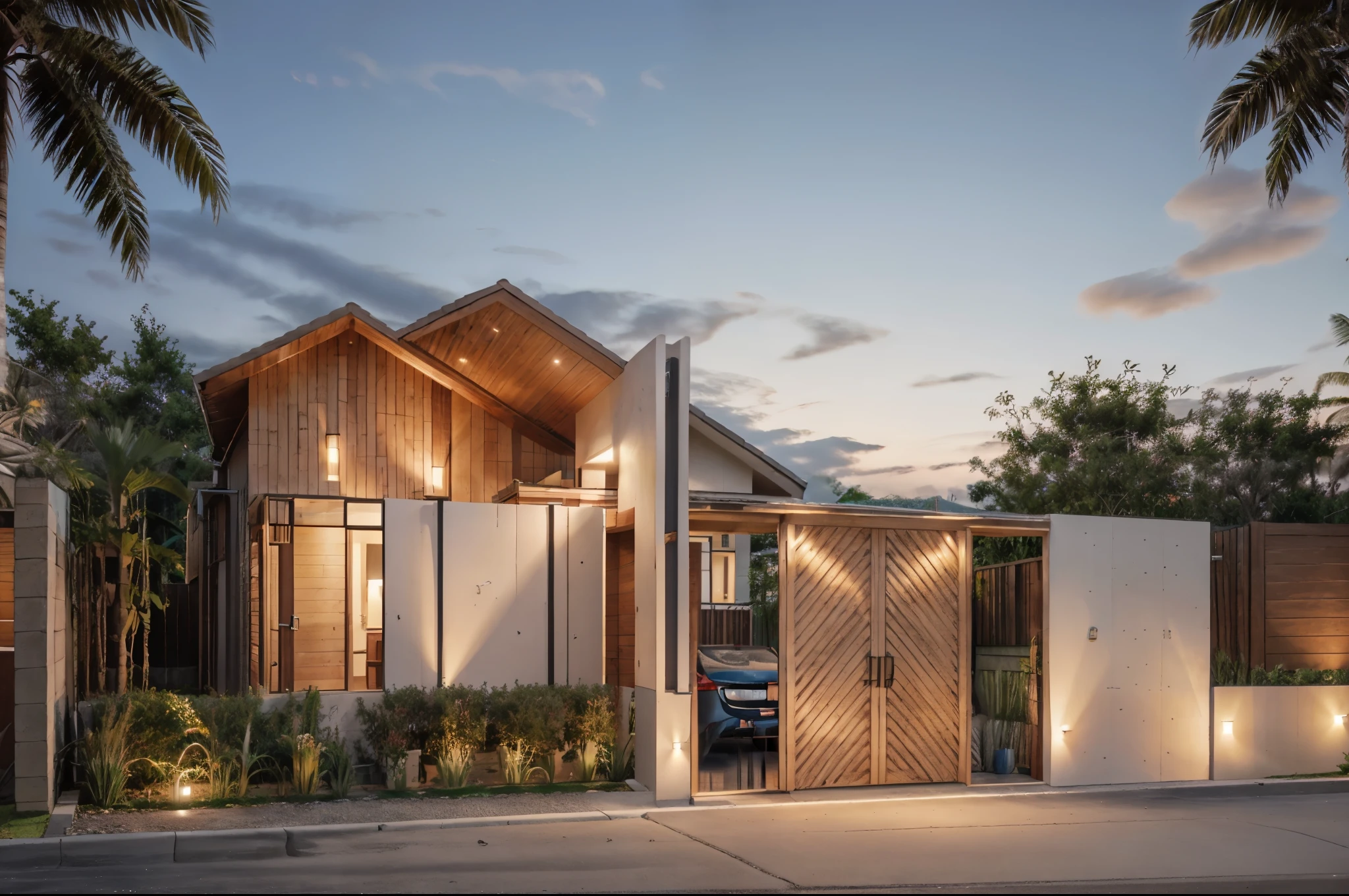 rendering of a small house with a garage and a car in the driveway, frontview, residential design, tropical landscape, in the night, soft lighting, wall light, artificial light