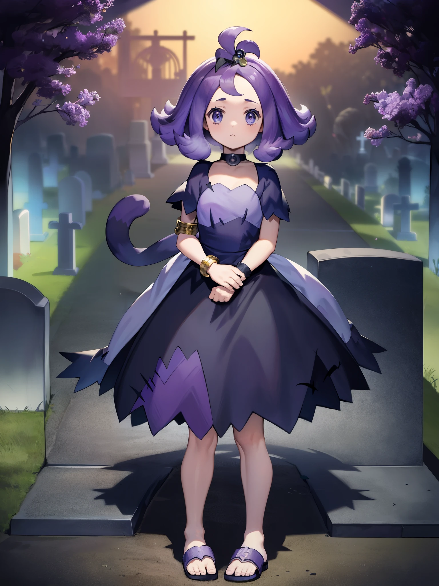 Pokémon、cemetery、ruins、ghost town、acerola、ghost type captain、hair clip、short purple hair、Ahoge、The clothing is designed to look like a patchwork of black and purple cloth.、short sleeve、Golden Bangles、sandals、Descendant of the ancient Alola dynasty、Cat mouth、Happy、cat mouse、BREAK outdoors、cemetery、at night、dark、fog、