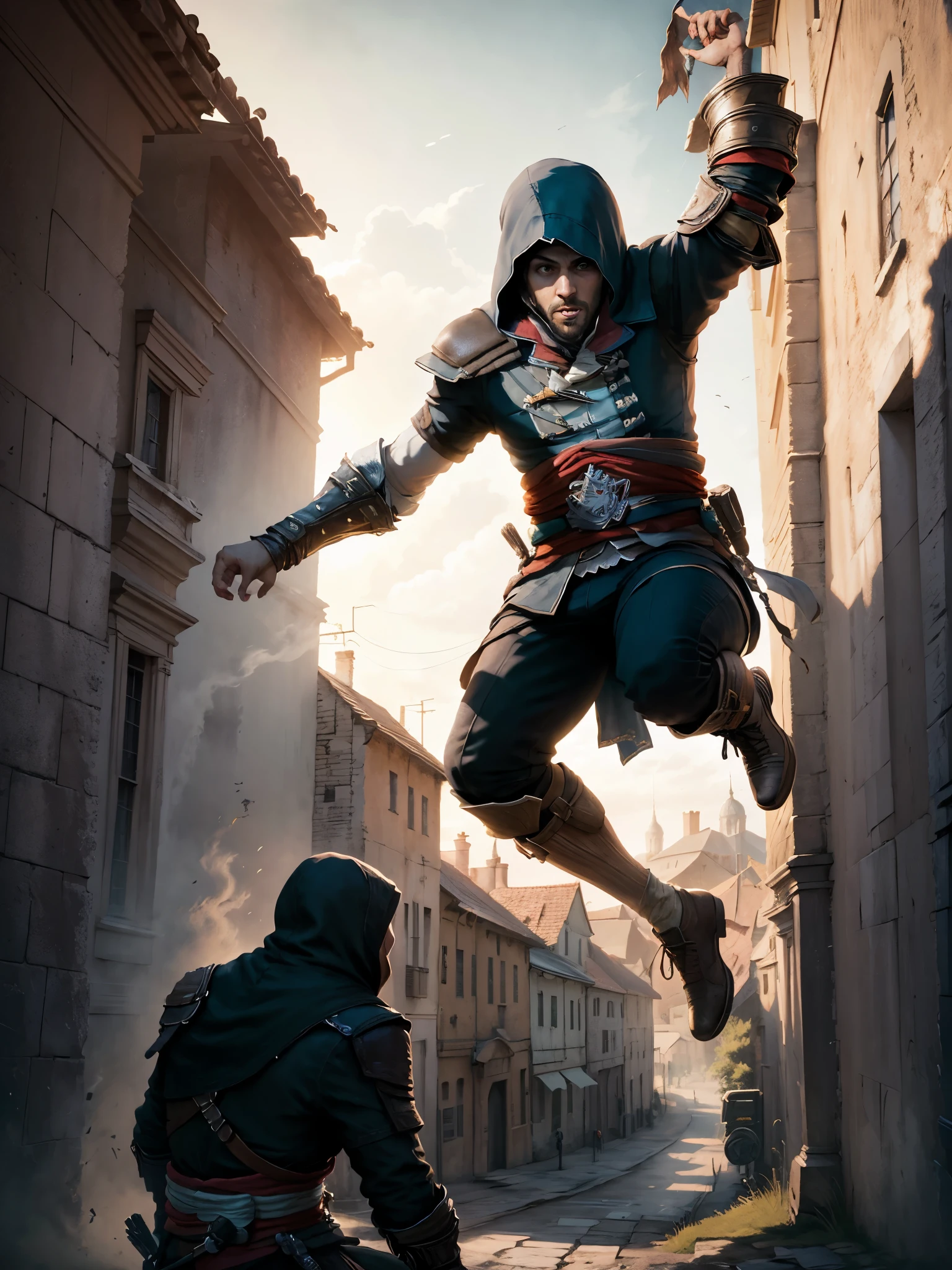 (Masterpiece),(Best quality:1.0), (ultra high resolution:1.0), detailed illustration, vibrant colors, 8K, assassin's creed, hooded assassin's creed clothing, ezio salvatore, jumps from a very tall building doing leap of faith, taking the leap of faith, Best quality, vibrant, 32k light and well-defined shadows