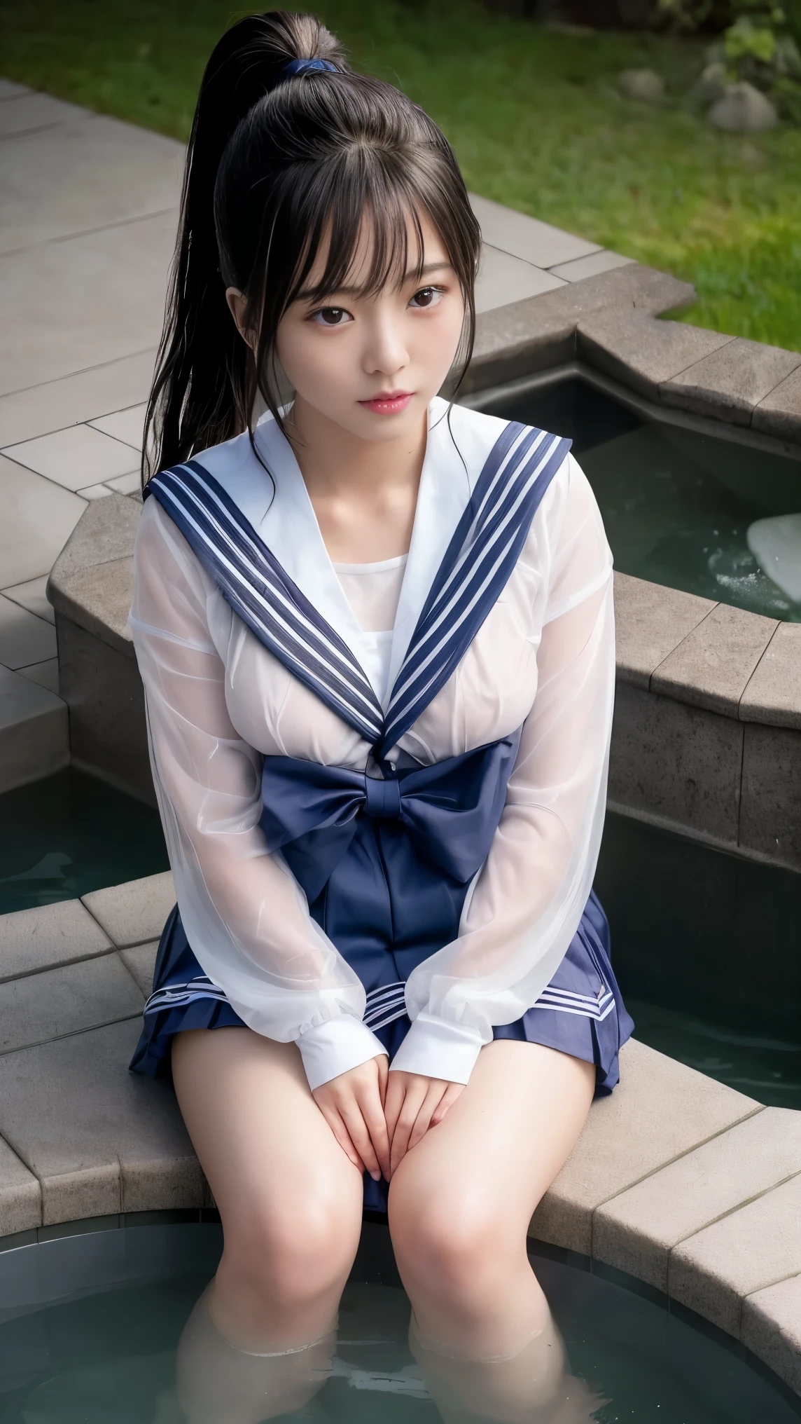 最high quality、high quality、best image quality、8k、最High resolution、High resolution、最high quality、masterpiece、RAW photo、whole body写真、Realistic human body in every detail、Realistic skin in every detail、Realistic face in every detail、Realistic eyes down to the details、Realistic lips in every detail、Realistic teeth in every detail、Realistic ears down to the last detail、Realistic hair down to the last detail、Realistic arms down to the last detail、Realistic reproduction of every detail、Realistic fingers in every detail、(fine hands、thumb1reference4)、Realistic feet in every detail、Realistic feet in every detail、Realistic breasts down to the last detail、((beautiful japanese girl))、(japanese model), (japanese woman)、((18 year old beautiful girl))、(black hair)、(straight hair)、(ponytail)、((whole body))、((Beautiful upward facing breasts))、(Slim and slender、Stylishly slim figure)、(whole body光沢肌、Fair skin)、Detailed and realistic human body、detailed realistic skin、detailed realistic face、detailed realistic arms、detailed realistic fingers、Detailed realistic feet、detailed realistic breasts、soft natural light、sailor suit、japanese school uniform、((Wet and see-through(クロップトップsailor suit、Mini Sailor Skirt))、((school fountain square))、((girl bathing in fountain water))