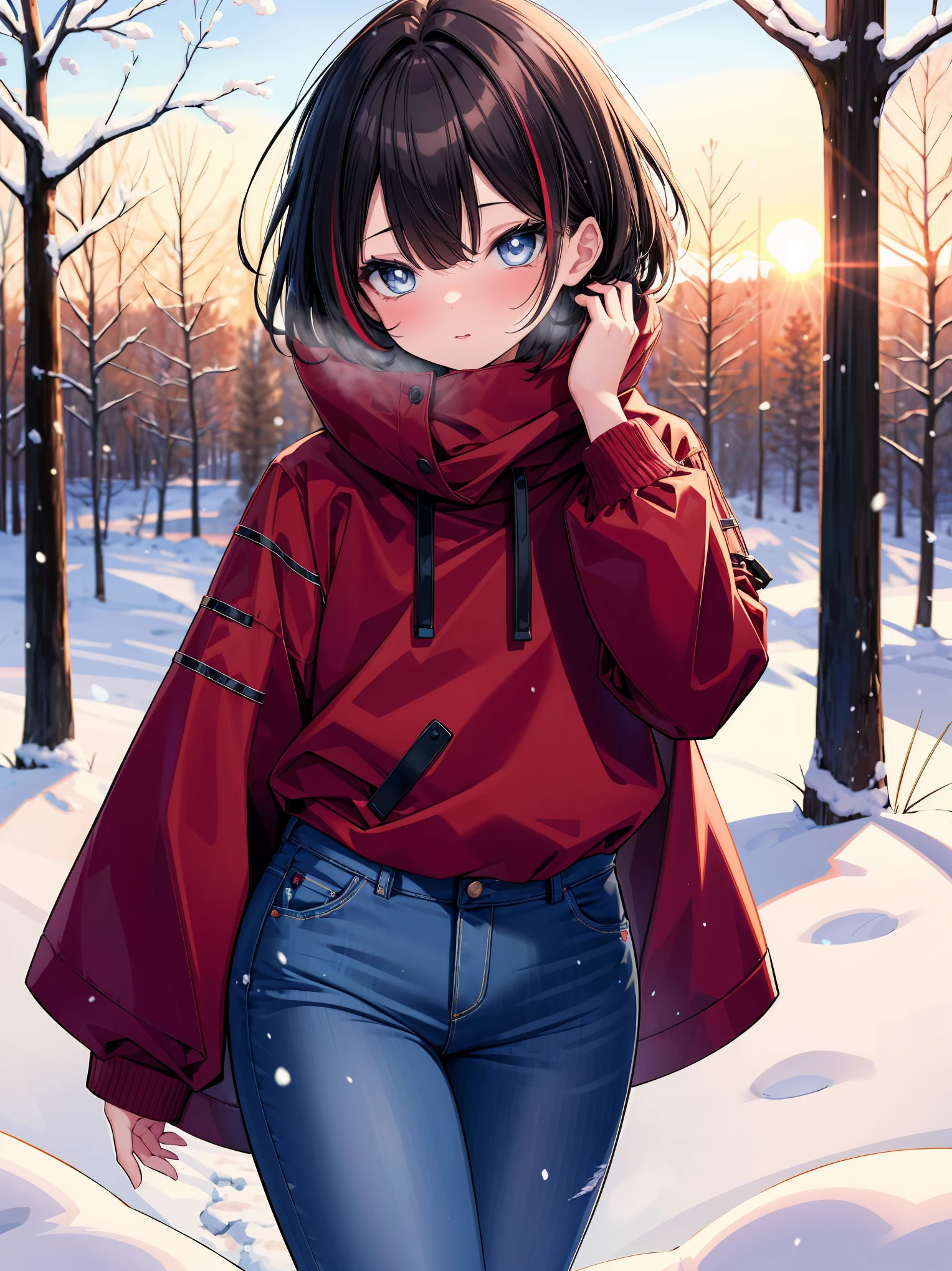 (cowboy shot), (best quality, ultra-high resolution, depth of field:1.2), solo, adult, 1woman, toned body, medium breasts, wide hips, black hair, streaked hair, short hair, bangs, upturned eyes, bright eyes, winter, warmly dressed (wearing a winter outfit), denim jeans, snowy forest scenery, sunset