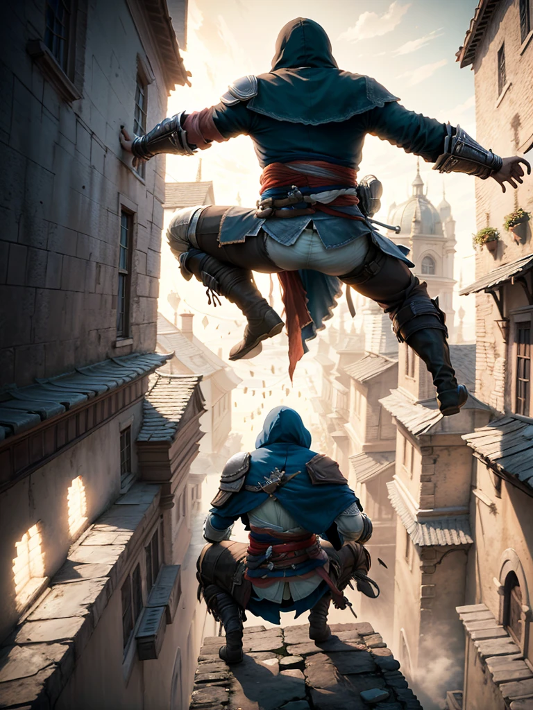 (Masterpiece),(Best quality:1.0), (ultra high resolution:1.0), detailed illustration, vibrant colors, 8K, assassin's creed, hooded assassin's creed clothing, ezio salvatore, jumps from a very tall building doing leap of faith, taking the leap of faith, Best quality, vibrant, 32k light and well-defined shadows