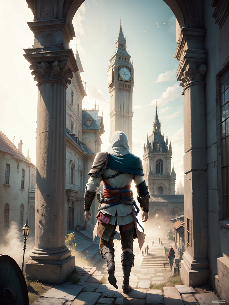 (Masterpiece),(Best quality:1.0), (ultra high resolution:1.0), detailed illustration, vibrant colors, 8K, assassin's creed, hooded assassin's creed clothing, ezio salvatore, jumps from a very tall building doing leap of faith, taking the leap of faith, Best quality, vibrant, 32k light and well-defined shadows