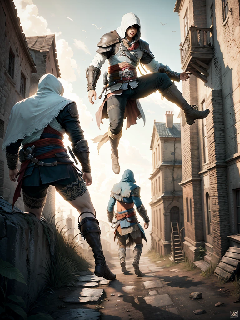 (Masterpiece),(Best quality:1.0), (ultra high resolution:1.0), detailed illustration, vibrant colors, 8K, assassin's creed, hooded assassin's creed clothing, ezio salvatore, jumps from a very tall building doing leap of faith, taking the leap of faith, Best quality, vibrant, 32k light and well-defined shadows