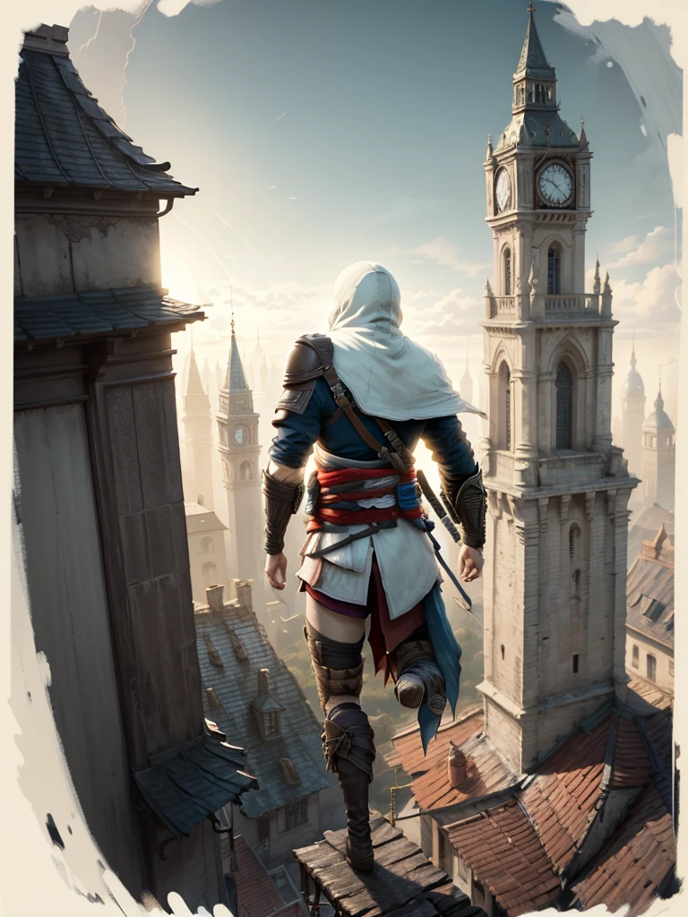 (Masterpiece),(Best quality:1.0), (ultra high resolution:1.0), detailed illustration, vibrant colors, 8K, assassin's creed, hooded assassin's creed clothing, ezio salvatore, jumps from a very tall building doing leap of faith, taking the leap of faith, Best quality, vibrant, 32k light and well-defined shadows