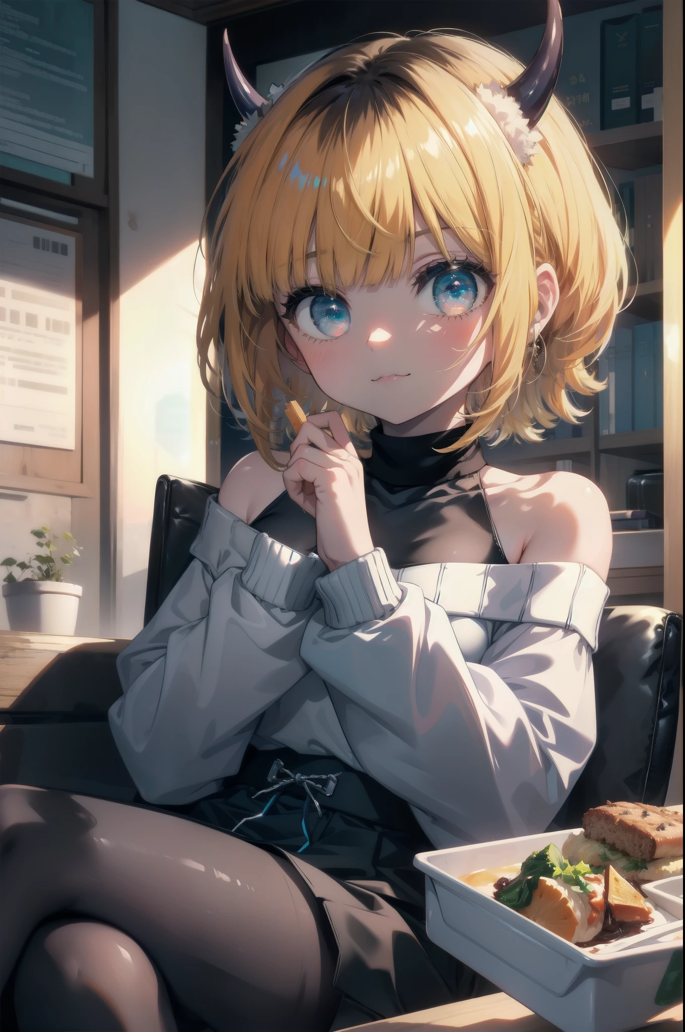 memocho, memocho, blonde hair, blue eyes, dull bangs, demon horn, fake horn, horn, long hair,smile,
break bare shoulders, black skirt, (blue sweater:1.5), long sleeve, off shoulder, off-shoulder sweater,naked neck,naked neck,bare clavicle, plump sleeves, skirt, sweater, white ribbon,black pantyhose,short boots,food is placed on the table,sitting cross-legged on a chair,
break looking at viewer,
break indoors,canteen,
break (masterpiece:1.2), highest quality, High resolution, unity 8k wallpaper, (figure:0.8), (detailed and beautiful eyes:1.6), highly detailed face, perfect lighting, Very detailed CG, (perfect hands, perfect anatomy),