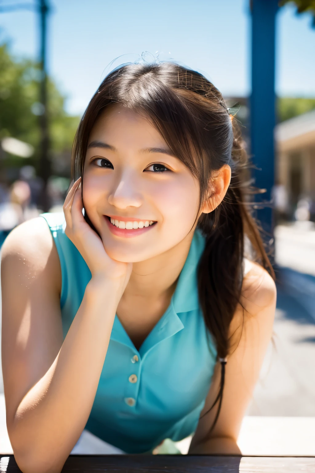 Lens 135mm f1.8, (highest quality),(RAW photo), (table top:1.1), (Beautiful 14 year old Japanese girl), cute face, (deeply carved face:0.7), (freckles:0.6), dappled sunlight, dramatic lighting, (On campus), shy, ponytail,, (smile),, (sparkling eyes)、(sunlight), sitting, spread legs