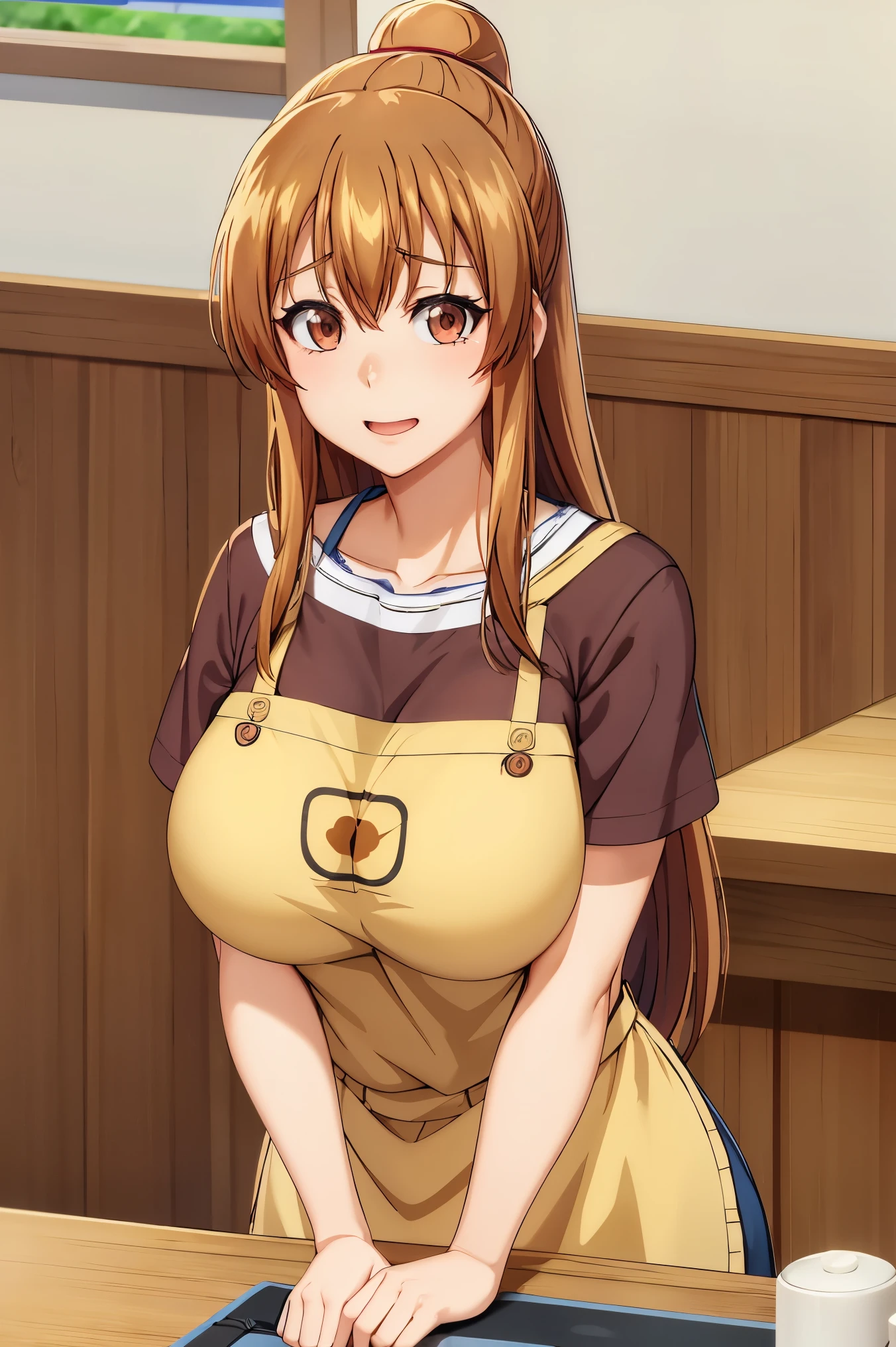 Huge tits, Busty, best quality, (masterpiece:1.2), highly detailed, brown t-shirt, apron, 
1girl,  kotegawa nanaka, looking at viewer, light smile, open mouth, brown eyes, long hair, indoor, room, bedroom, close up face