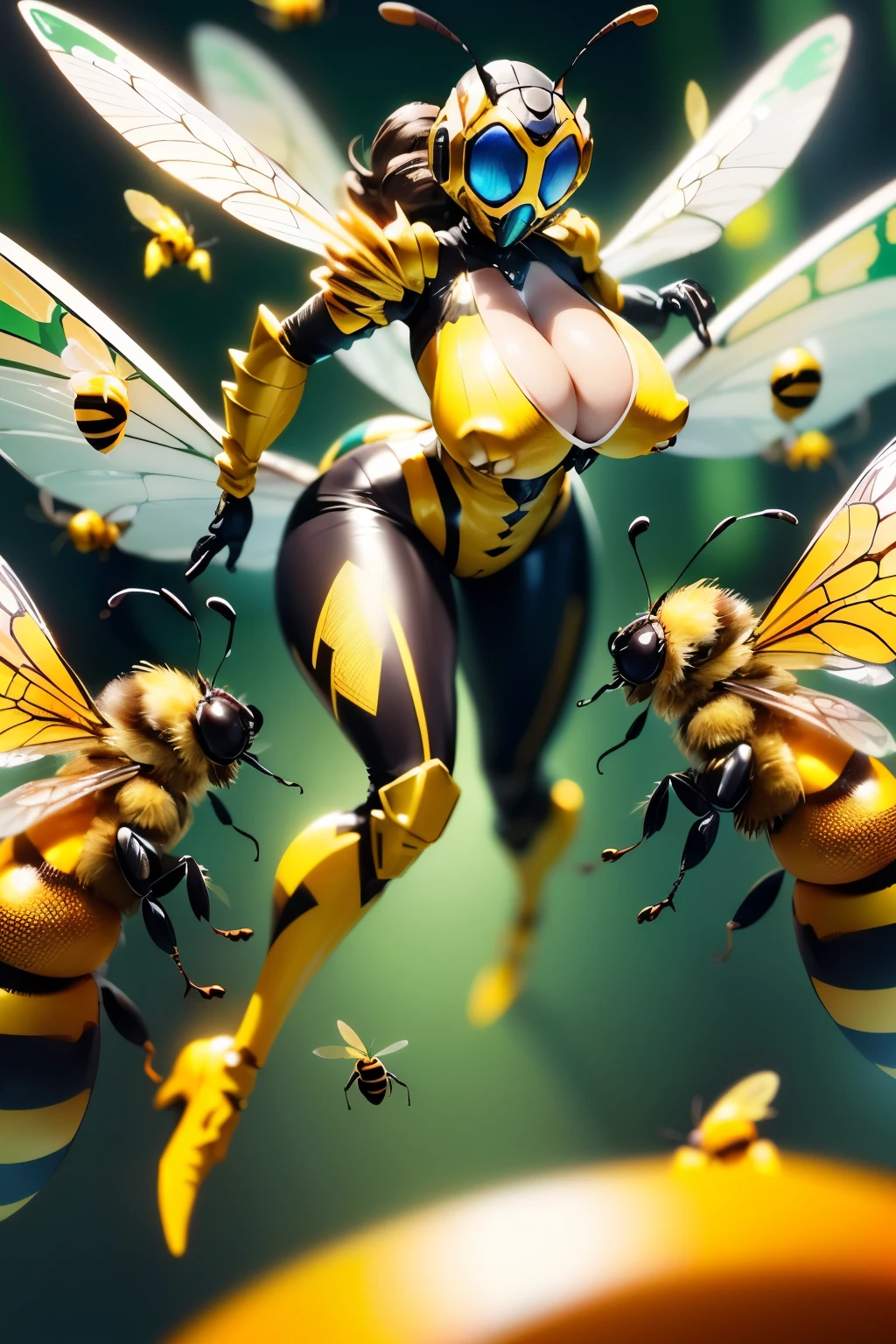 (masterpiece: 1.5, best quality: 1.5, absurd), ultra detailed, perfect anatomy, (hand reference anatomy: 1), an illustration ((An exquisitely detailed dynamic image of an amazing flying insectoid girl, queen bee girl ), adorned with a remarkable yellow wasp shell/armor, shiny plug suit, narrow waist, wasp wings, bee wings, yellow jacket, large and round breasts, cleavage, ((full body, cowboy shot)), Flying, cute girl's face, CGSoation Trends, forest green blurred background, surrounded by several bees flying around her ), dynamic action, core of intelligence, shading, faster, colorful and intense, very intricate details,