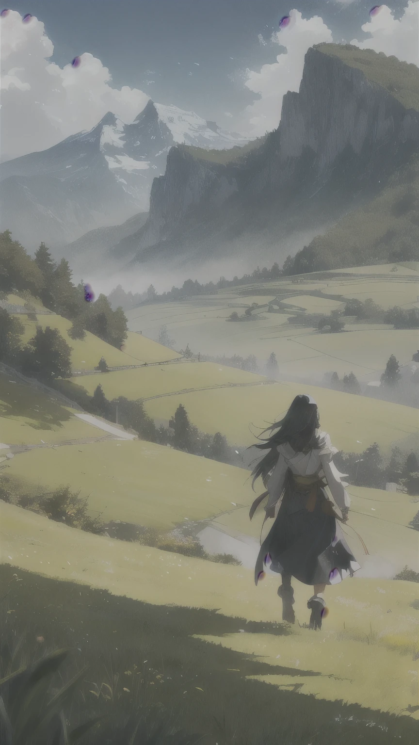 A girl leading the knights stands on a green meadow..
BREAK 凛々With a new look, she guides them to their destination.
blake behind her, Beyond that, a green forest spreads out, A mountain rises in the distance.
BREAK The most suitable effect for this scene is、A watercolor painting technique that captures the softness and smoothness of movement of grasslands.。.