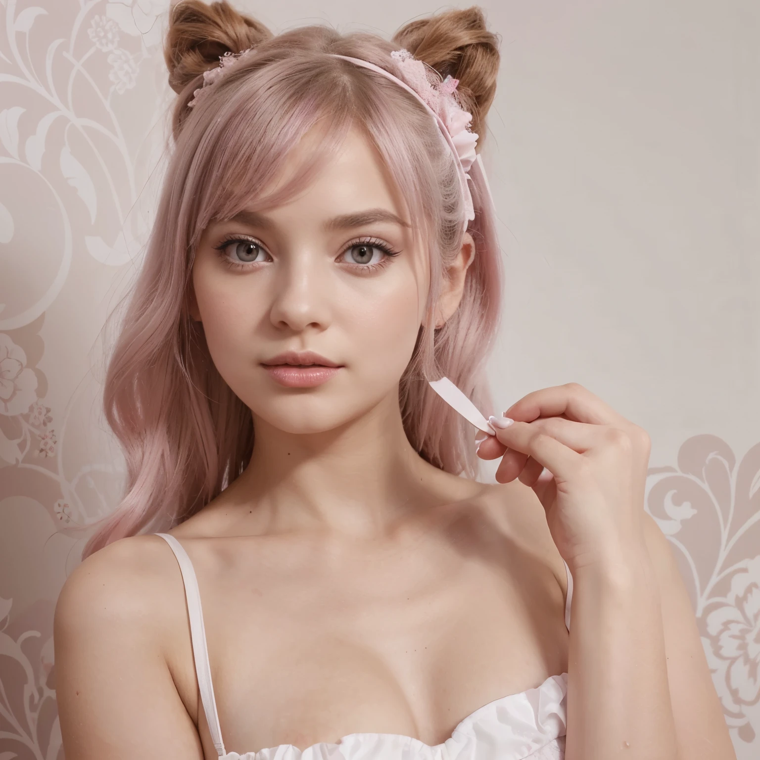 Design a striking wallpaper with the white color range, pink and dark gray for the makeup company for minors “Little Coquette” and that the image bears the title Little Coquette