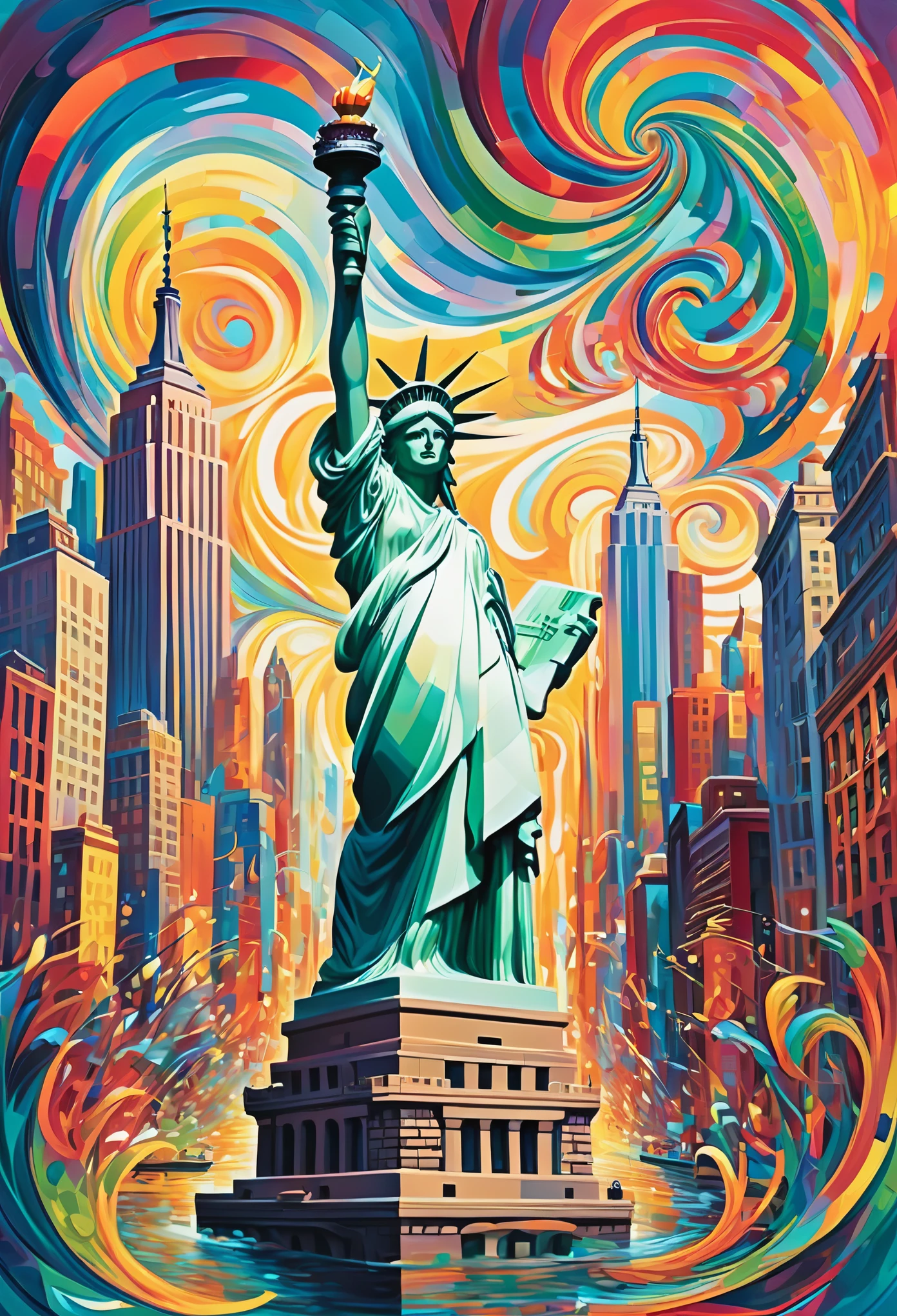 Envision an abstract representation of New York City that transforms its iconic skyline into a visual symphony of shapes and colors. Skyscrapers become bold geometric forms, their contours blending seamlessly with vibrant swirls of energy. The chaotic yet harmonious composition captures the dynamic spirit of the city. The Statue of Liberty emerges as a surreal focal point, adorned with abstract patterns that evoke the city's diverse culture. Streets are depicted as flowing rivers of color, reflecting the constant movement and rhythm of urban life. This abstract masterpiece invites viewers to interpret the essence of New York City through a kaleidoscope of artistic expression, transcending traditional representations.