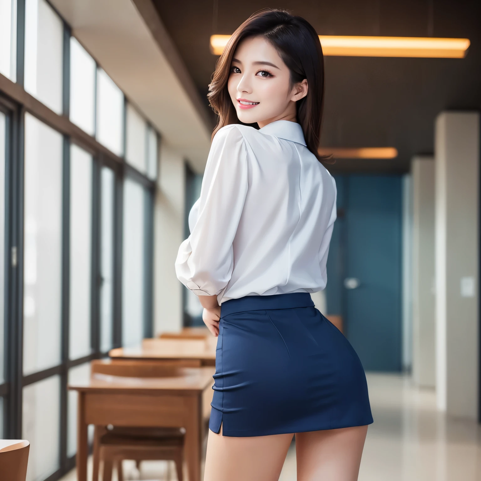 (highest quality、table top、8k、best image quality、Award-winning work)、one beautiful office lady、(solo:1.2)、big breasts、emphasize body line、(stand with your butt facing me:1.3)、(my back is turned:1.3)、long hair、(Elegant dark blue tight miniskirt with perfect fit:1.2)、Perfect face with ultra-high definition details、(Blurred classy office hallway:1.1)、Very bright lighting、Strongly blurred background、(Perfect white blouse:1.1)、look at me、(Photo from below:1.3)、(accurate anatomy:1.2)、(very brightly lit face:1.1)、Ultra high definition beautiful face、Super high resolution perfect beautiful teeth、ultra high definition hair、(Super high resolution glossy skin:1.1)、Super high resolution glossy lips
