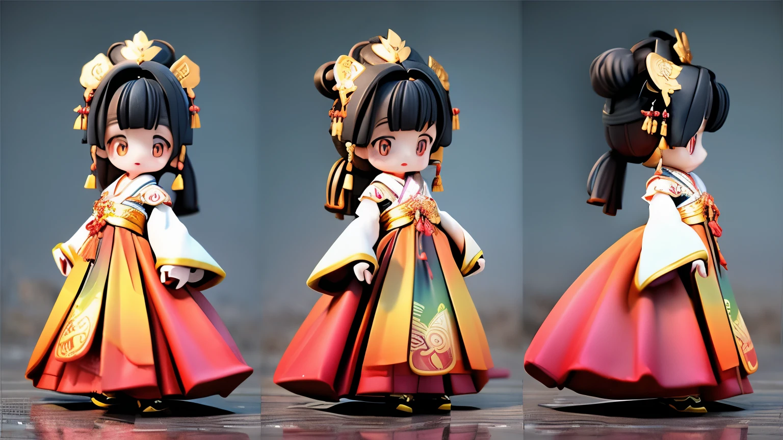  No skirts.(Best quality, 4k, 8k, highres, masterpiece: 1.2), super detailed, (lifelike, photo lifelike, photo lifelike: 1.37), three views, three heads, China traditional paper-cutting art, beautiful and vivid, lovely mascot dolls, Chinese style dark blue costumes,  No skirts.golden dragon pattern costumes, traditional costumes of Zhuang ethnic minorities, Guangxi March 3rd Festival, cultural festival, and so on. Game role, role setting, game role, cartoon, toy, game art, CG illustration, digital art, three views, dark blue clothing. No skirts.