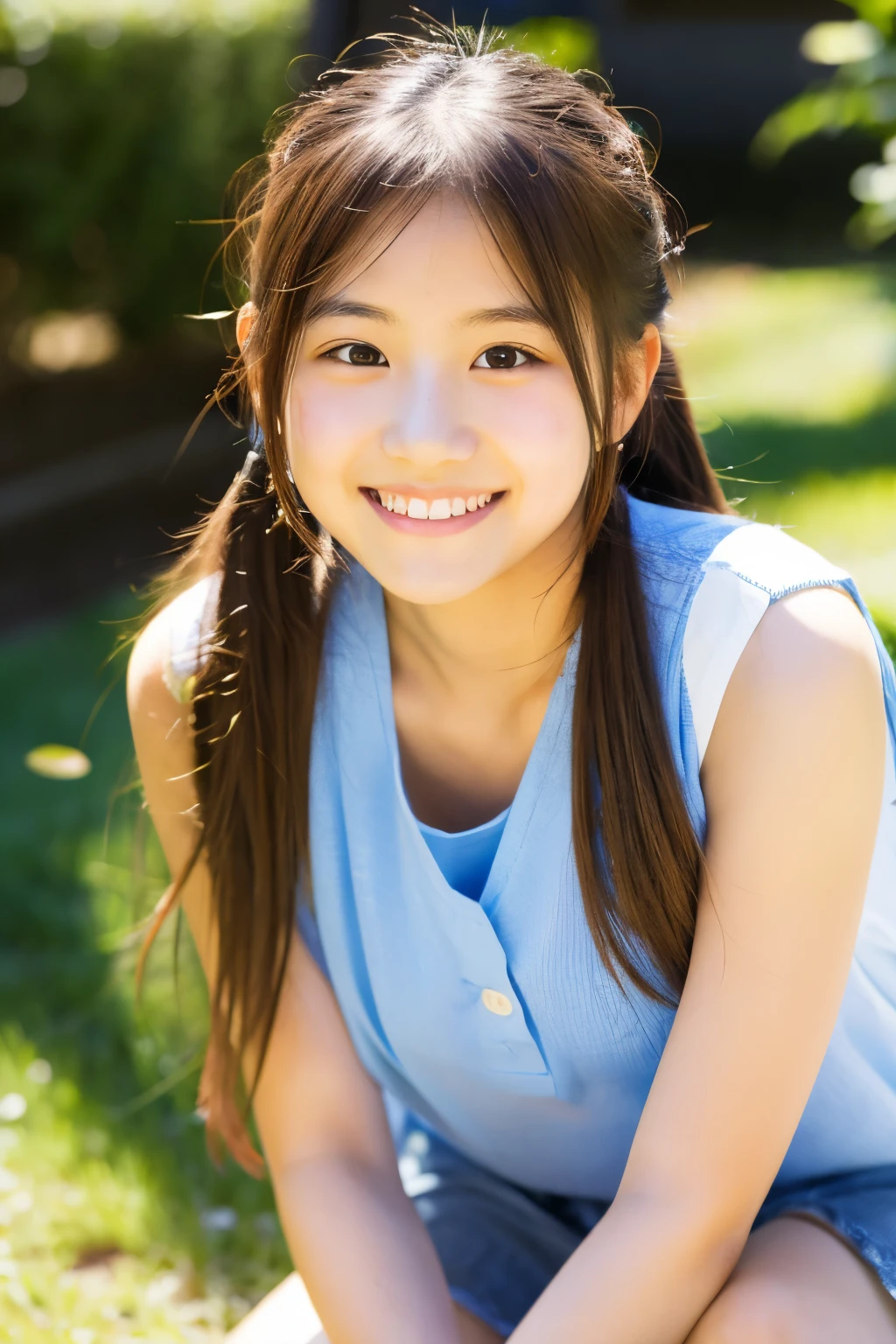 Lens 135mm f1.8, (highest quality),(RAW photo), (Beautiful 14 year old Japanese girl), cute face, (deeply carved face:0.7), (freckles:0.6), dappled sunlight, dramatic lighting, (On campus), shy, ponytail,, (smile),, (sparkling eyes)、(sunlight), sitting, spread legs