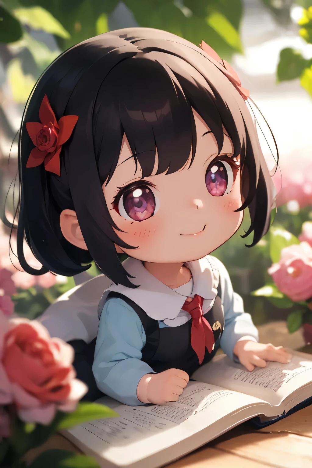 １Chibi girl smelling the scent of rose flowers in a book、Jewel-like eyes、Take a super close-up shot of lips from the side、smile