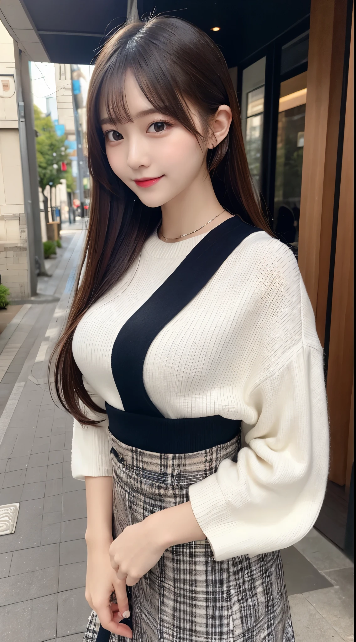 ulzzang-6500-v1.1,(Masterpiece, BestQuality:1.3),table top, highest quality, super detailed, finely, High resolution, 8k wallpaper, perfect dynamic composition, Detailed clear look, trendy fashion, Winter clothes,ponytail, larger breasts,natural color lip, sexy pose,smile,Harajuku、20 year old girl、cute、looking at camera, beautiful japanese girl, long skirt