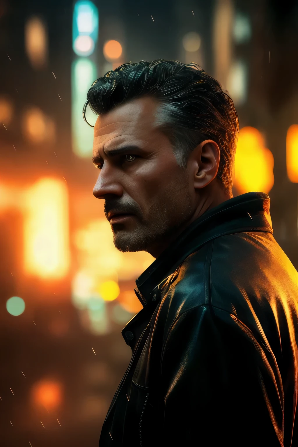 Obra maestra, Alto detalle, tendencia en Artstation, realista, cara detallada, En general, una foto de un detective privado cyberpunk, anciano, oscuro hair, sucio, drone, Ciudad Blade Runner, luces neo, oscuro, lluvia, Noche, CRUDO, canon r6, plano general, Afilado, fondo borroso, Regla de los tercios, dramatic lights, oscuro shadows