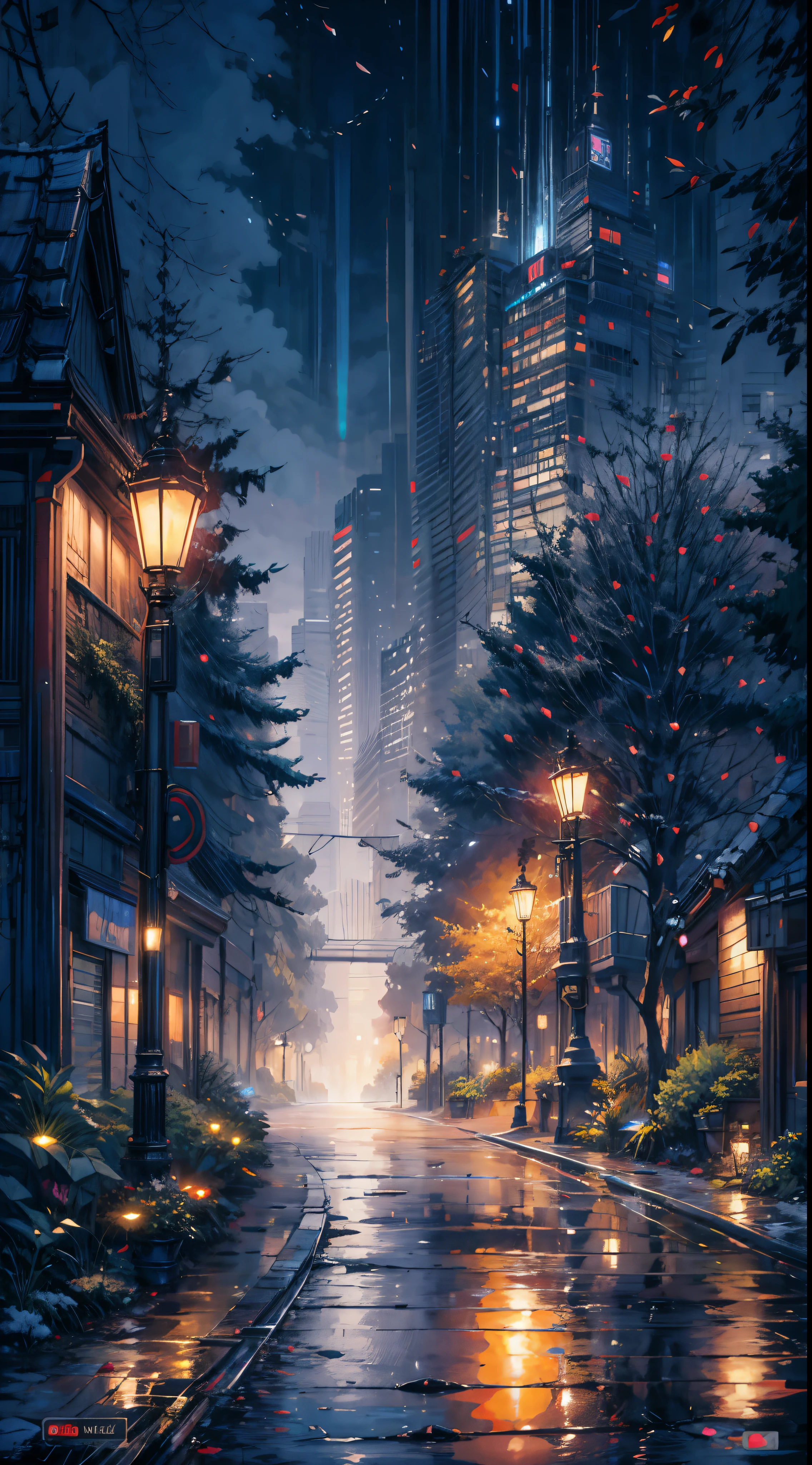 a painting of a rainy night scene with a street light and trees, rainy night, rainy night city street, detailed painting 4 k, rainy street, rainy streets in the background, rainy evening, late night raining, glowing lights! digital painting, anime background art, high quality digital painting, rainy city at night, city lights made of lush trees