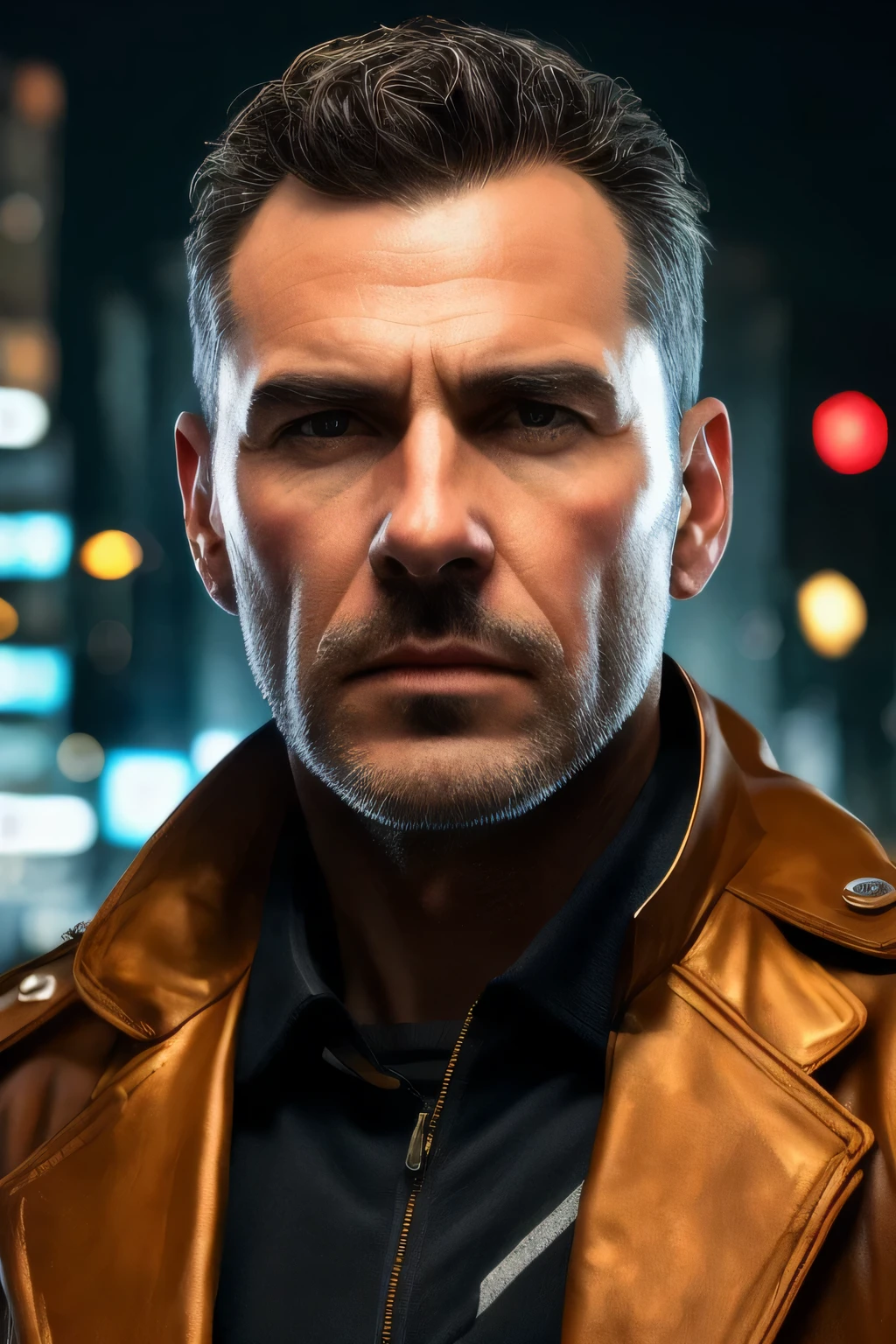 Obra maestra, Alto detalle, tendencia en Artstation, realista, cara detallada, En general, una foto de un detective privado cyberpunk, anciano, oscuro hair, sucio, drone, Ciudad Blade Runner, luces neo, oscuro, lluvia, Noche, CRUDO, canon r6, plano general, Afilado, fondo borroso, Regla de los tercios, dramatic lights, oscuro shadows