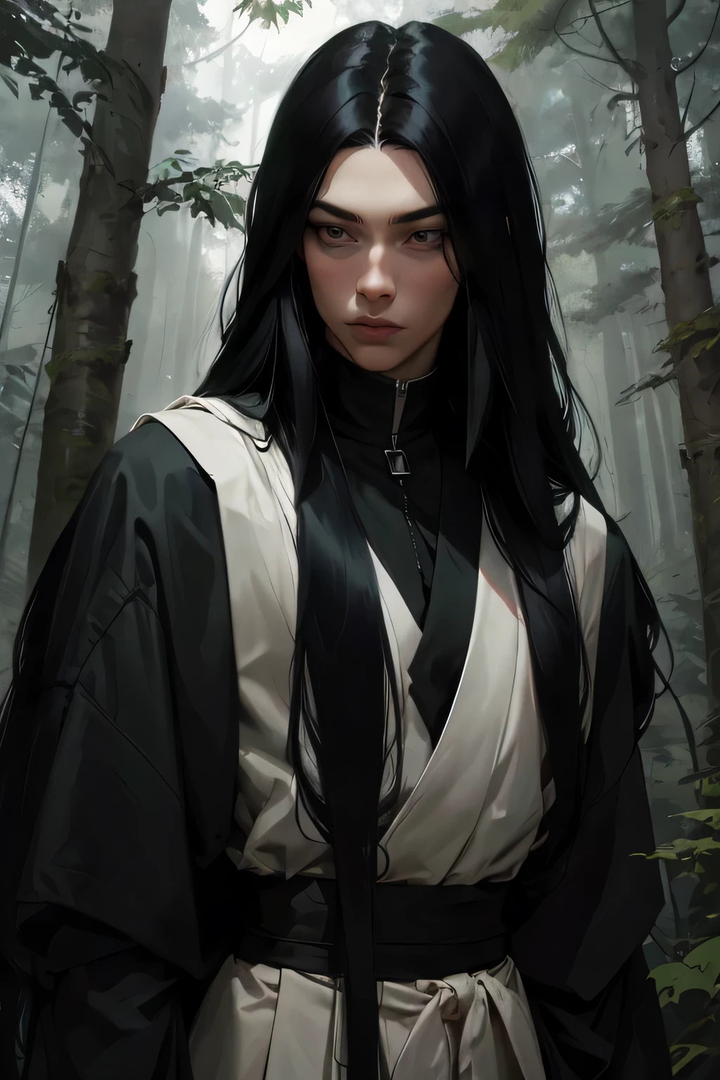 play a 17 year old androgynous man with long black hair in the forest