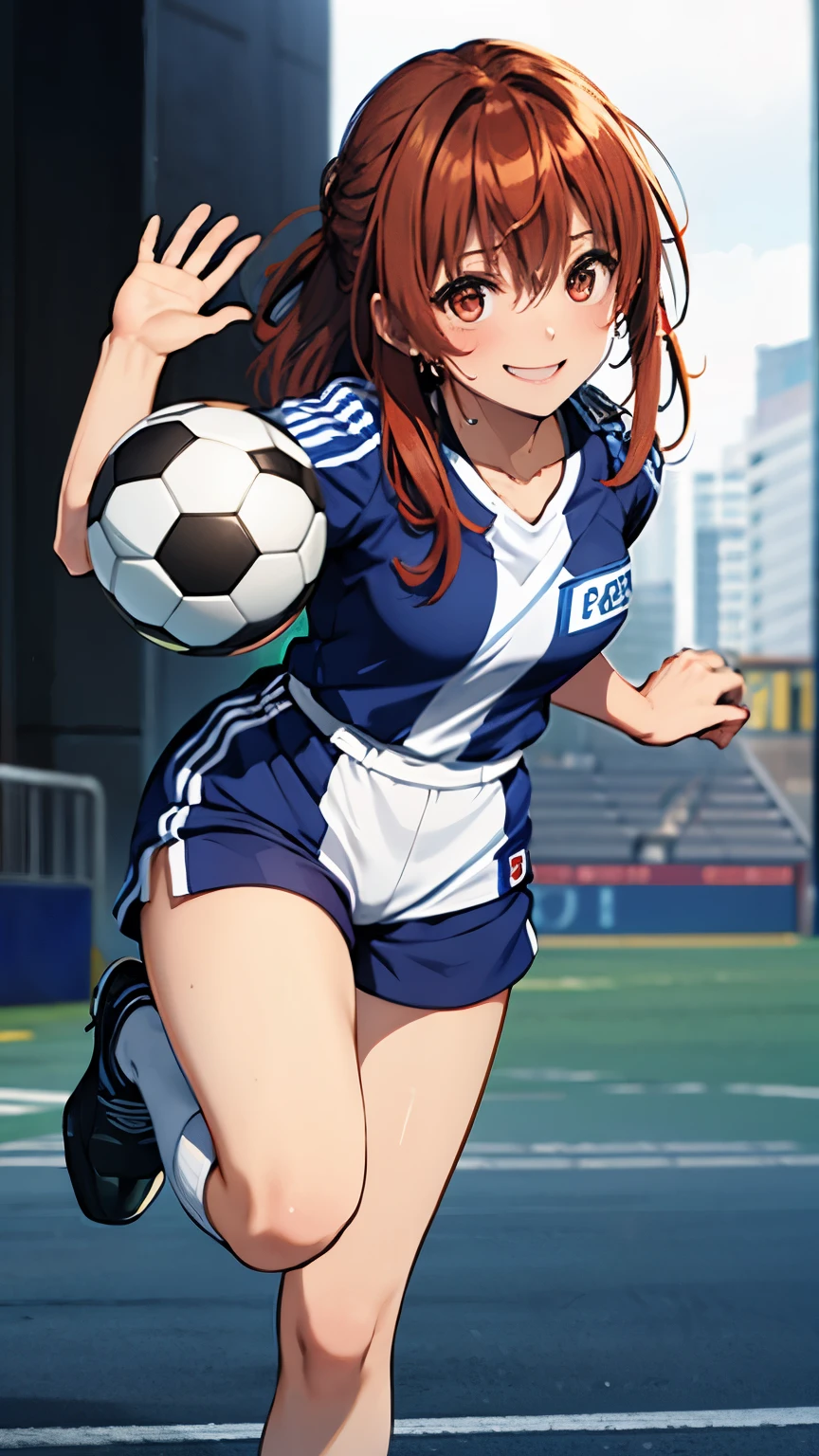 (((highest quality, 8k, oil,The background is pure whiteな壁です ))), super detailed, (realistic, realistic:1.37), (((full body shot)))、Bright colors, (((I&#39;m running)))、(((Wearing a football uniform)))、(((Blue uniform)))、(((wearing a soccer uniform)))、(((sweaty skin)))、(((There are numbers written on the uniform.)))、 (((redhead)))、(((medium shoulder length hair)))、((( white background))), (((Running happily)))、(((The background is pure white)))、(((girly hairstyle)))、(((The background is pure whiteな壁です)))、(((smile、Shorts、kicking a soccer ball)))