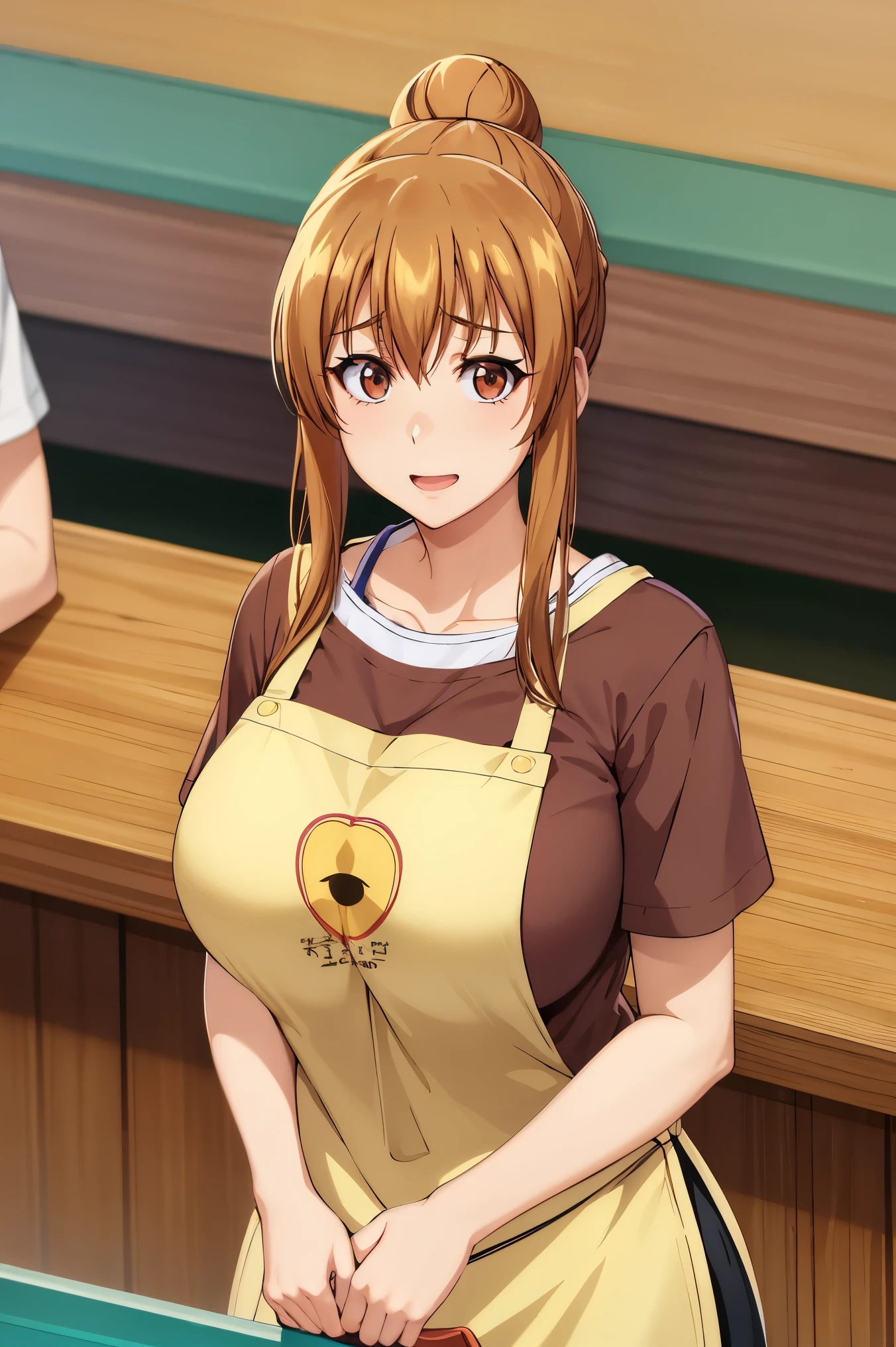 Huge tits, Busty, best quality, (masterpiece:1.2), highly detailed, brown t-shirt, apron,
1girl, kotegawa nanaka, looking at viewer, light smile, open mouth, brown eyes, hair bun, indoor, room, bedroom, close up face
